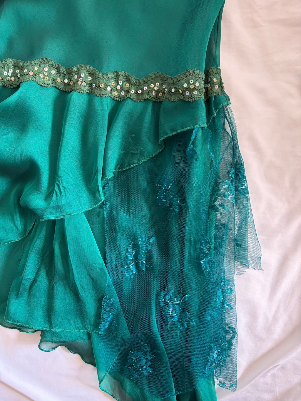 Vintage Y2K Teal Fairy Sheer Mini Asymmetrical Hem Dress with Lace and Sequins