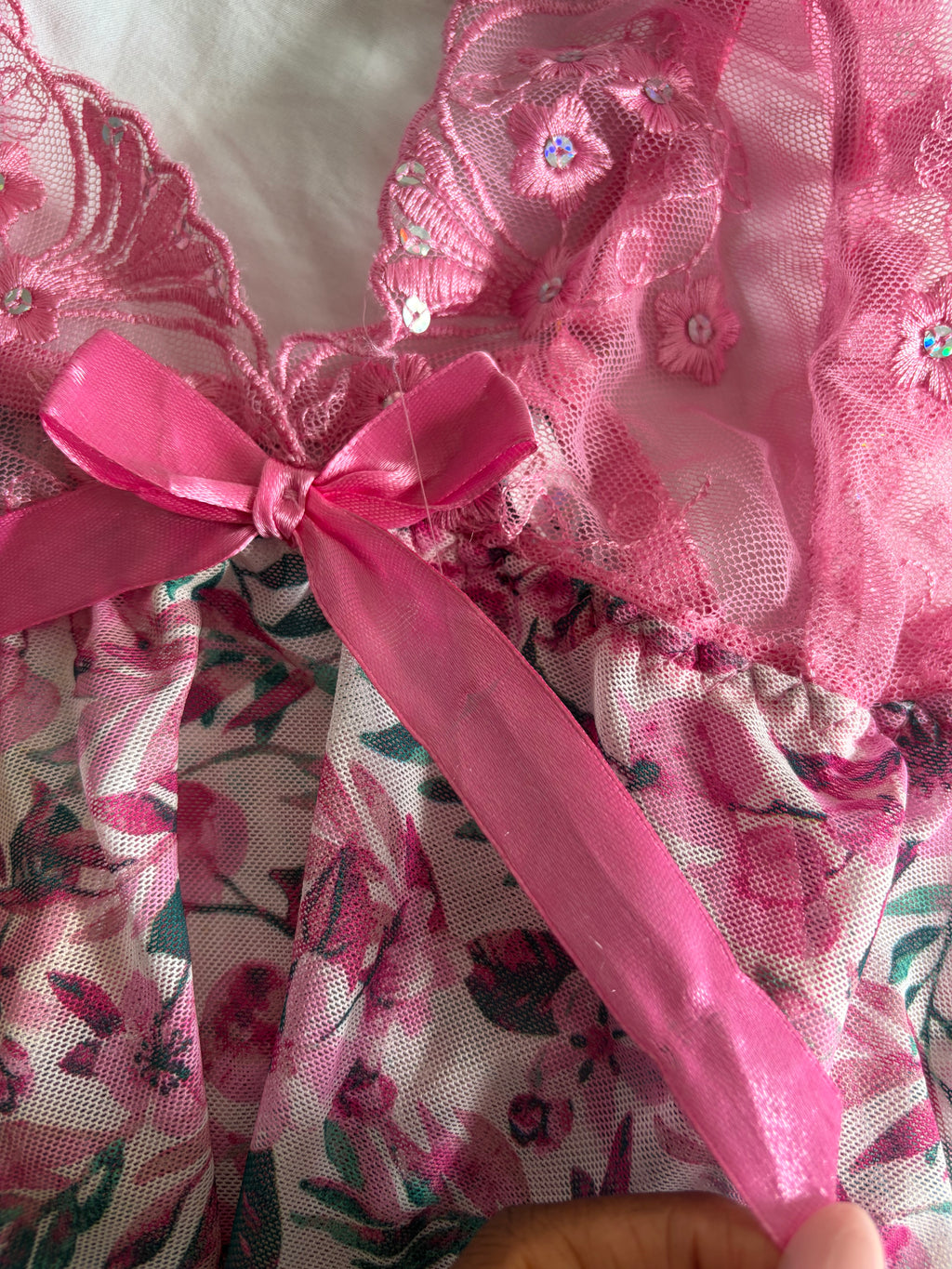 Vintage 2000s Pink Floral Babydoll with Sequin-Embroidered Cups