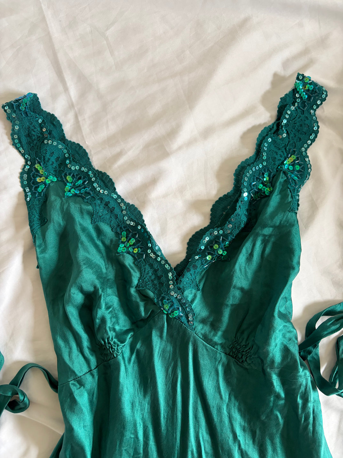Vintage 1990s Oasis Silk Teal Beaded Mini Slip Dress