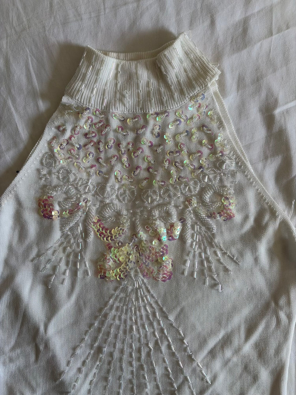 Vintage Y2K Cream Knit Halterneck Cami with Heavy Beading and Iridescent Sequins
