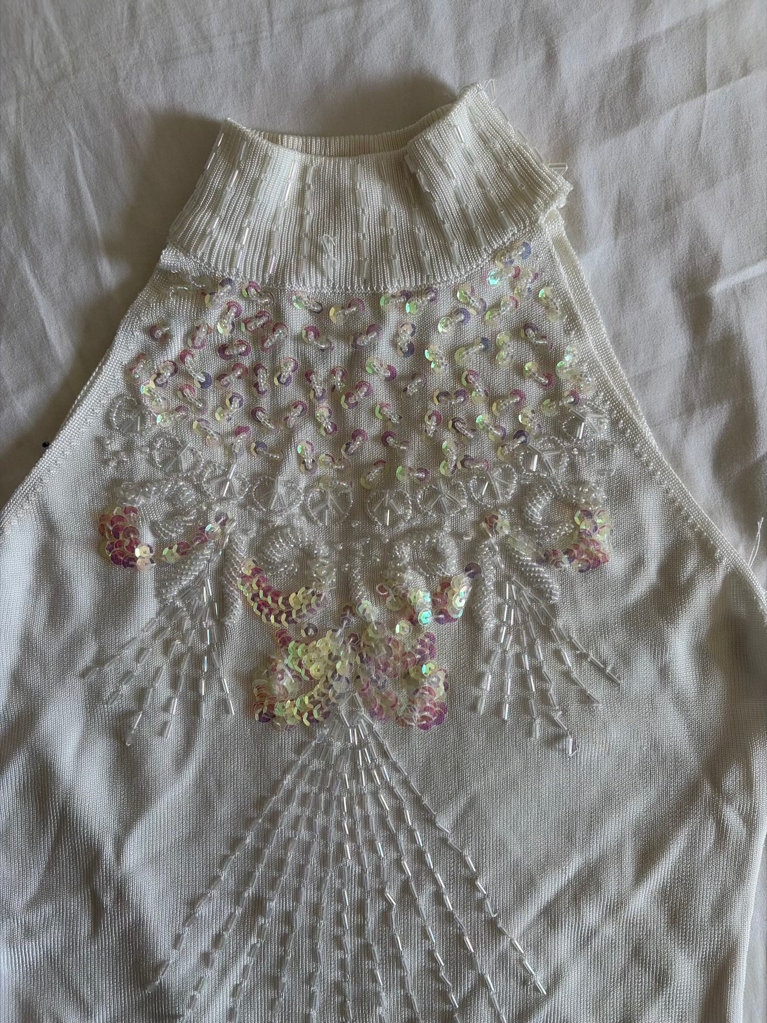 Vintage Y2K Cream Knit Halterneck Cami with Heavy Beading and Iridescent Sequins