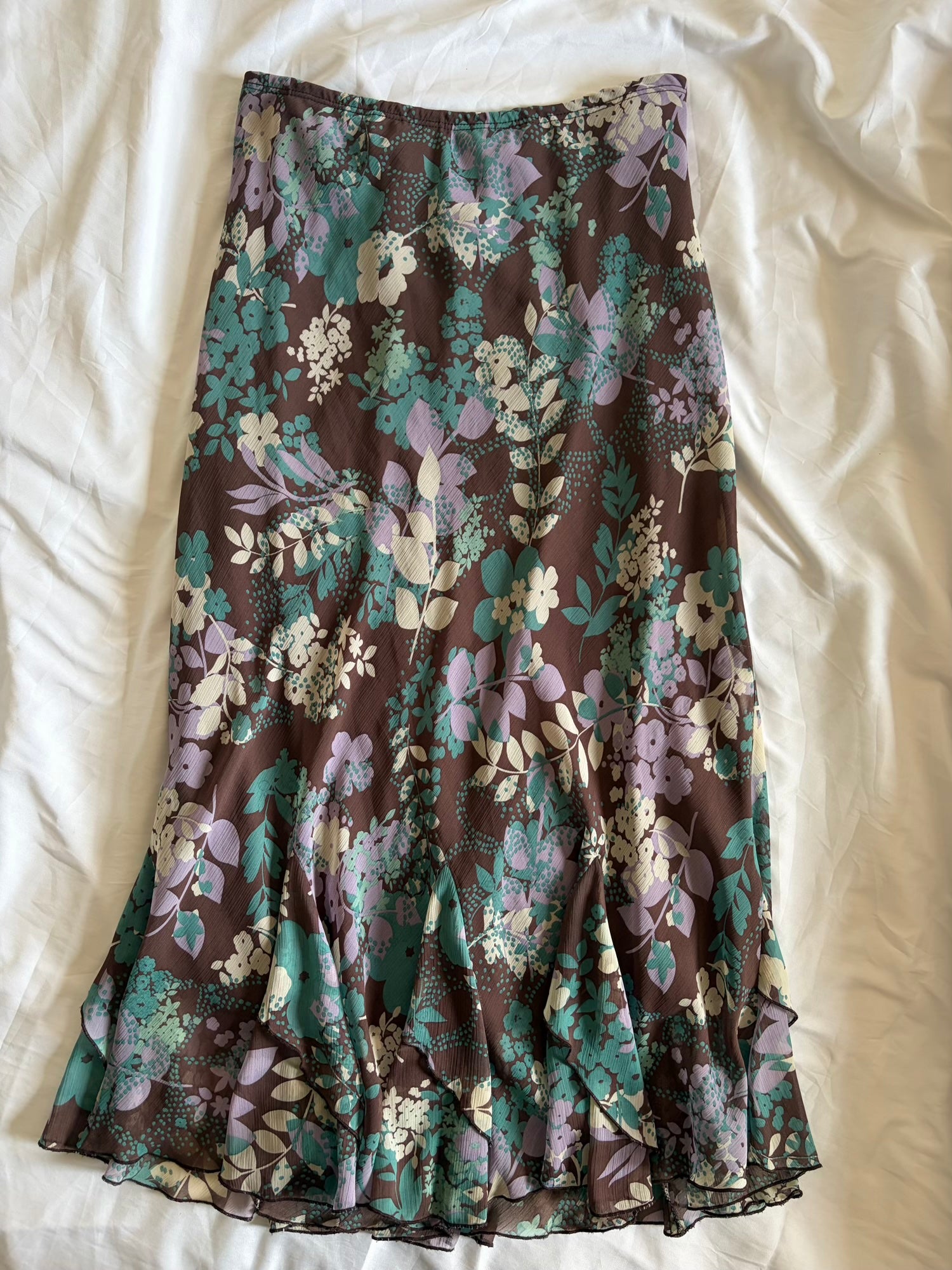 Vintage 1990s Brown and Teal Floral Midi Skirt