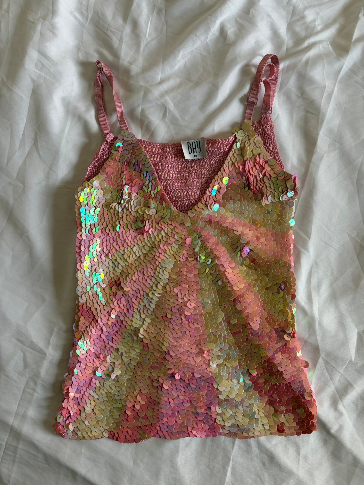 Vintage Y2K Bay Strawberry Milkshake Pink Crochet Sequin Cami