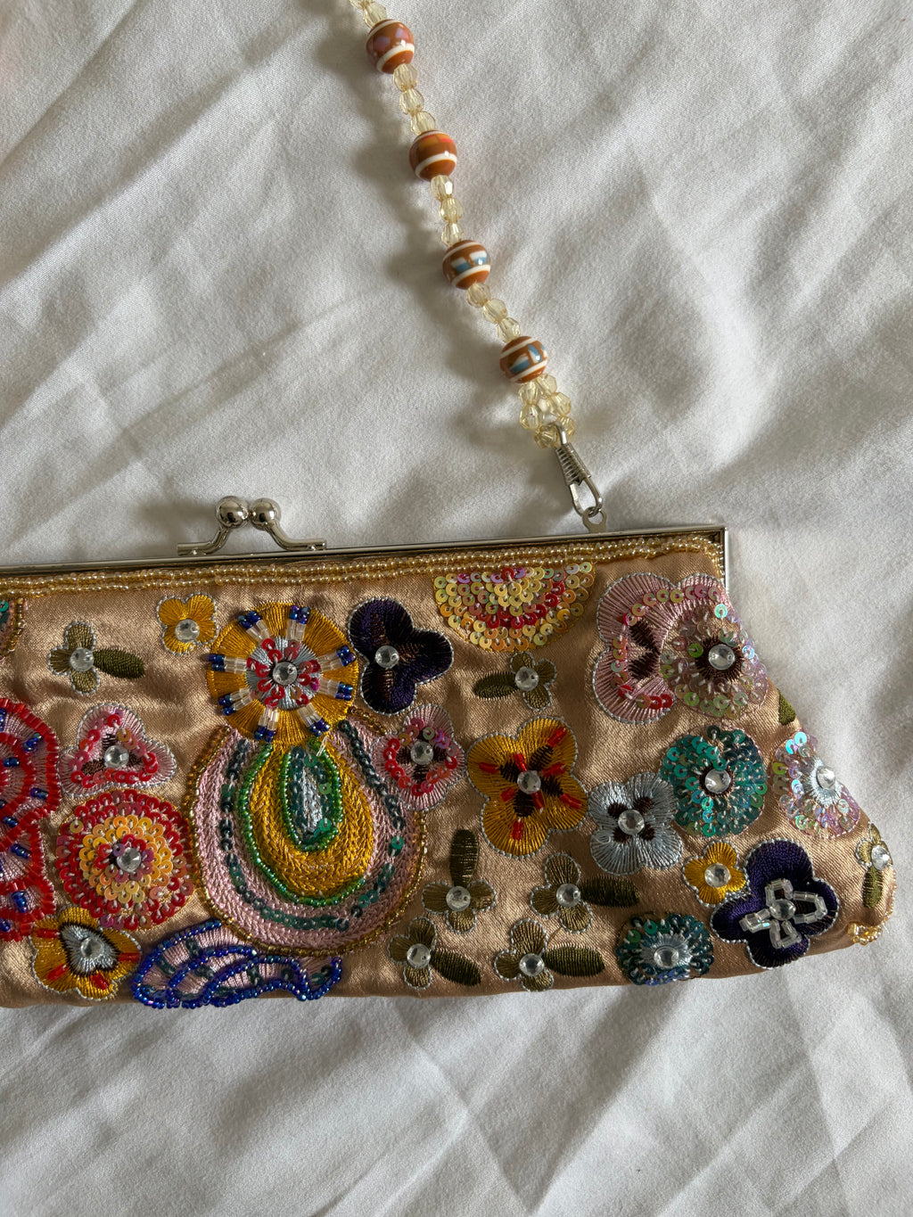 Vintage 2000s Champagne Beaded Bag with Beaded Handle