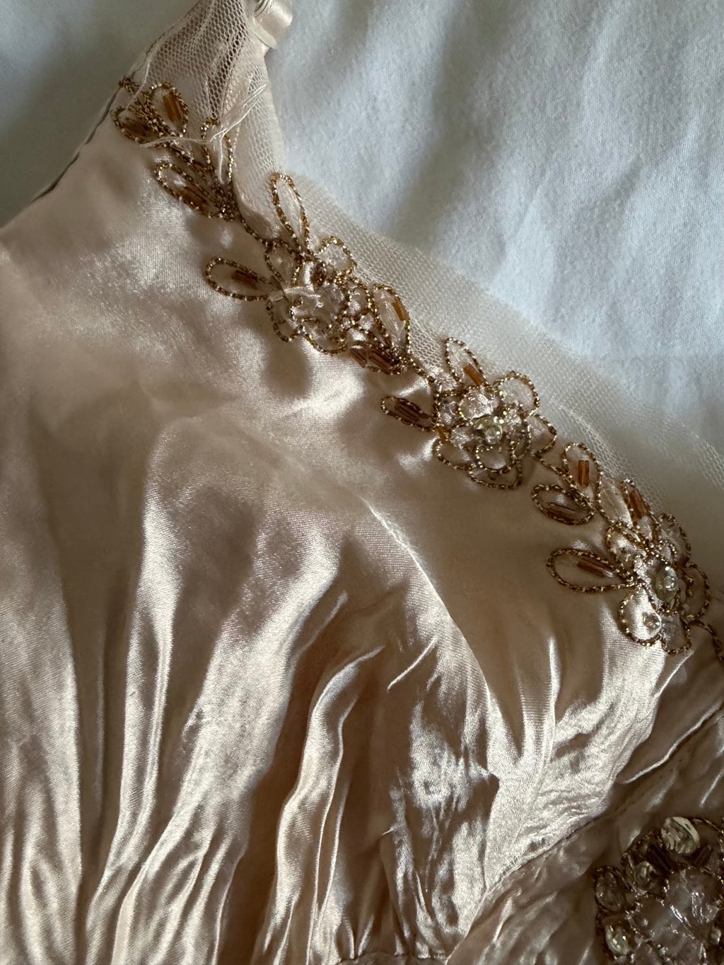Vintage Y2K blush ruffle hem cami with bronze beaded detail and sequins