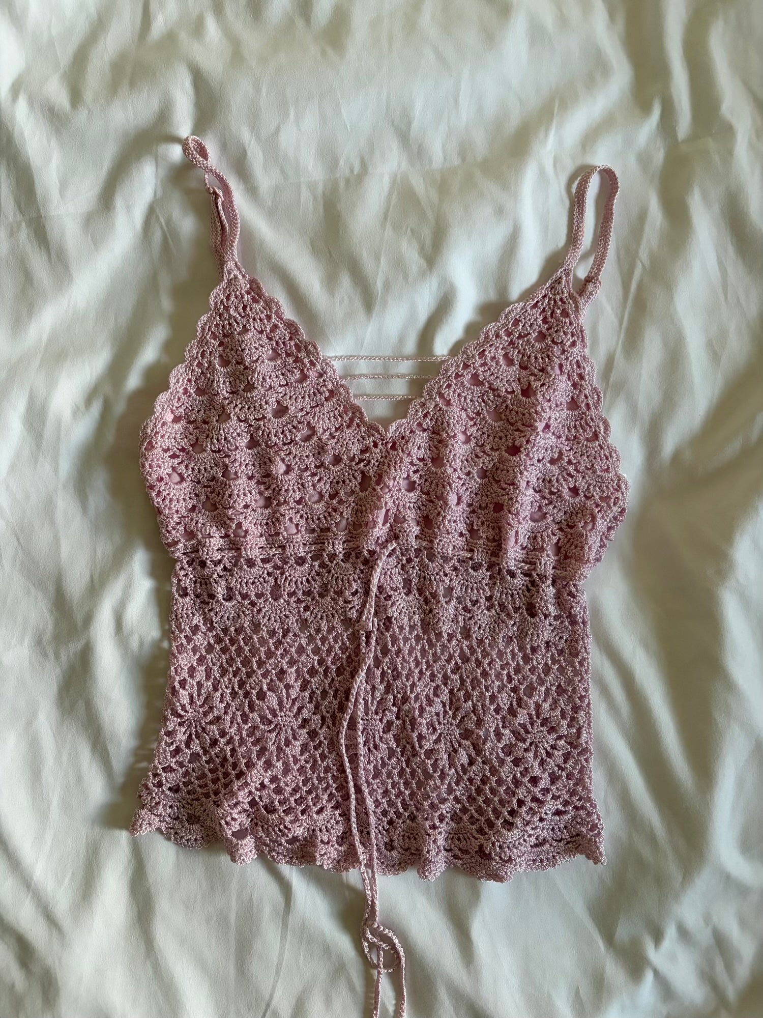 Vintage Y2K baby pink crochet silver sparkly cami