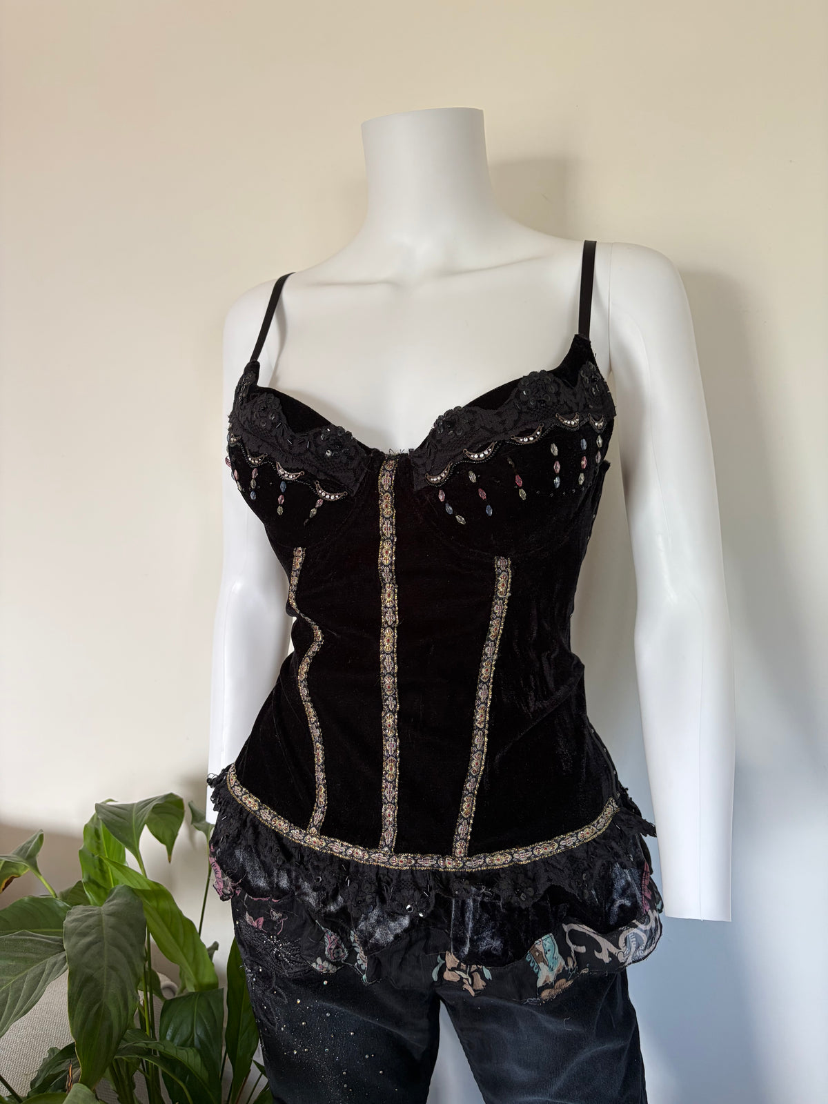 Vintage 1990s French Black Whimsy Sequin Corset Top, UK 12–14