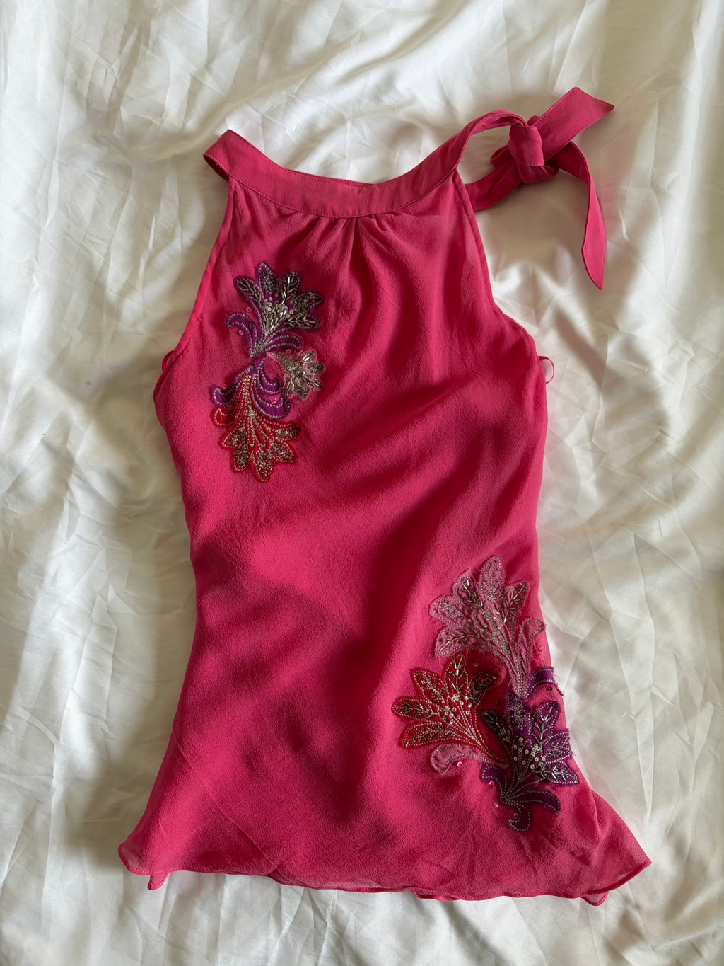 Vintage Y2K Silk Pink Halterneck with Floral Embroidery, Sequins and Beads