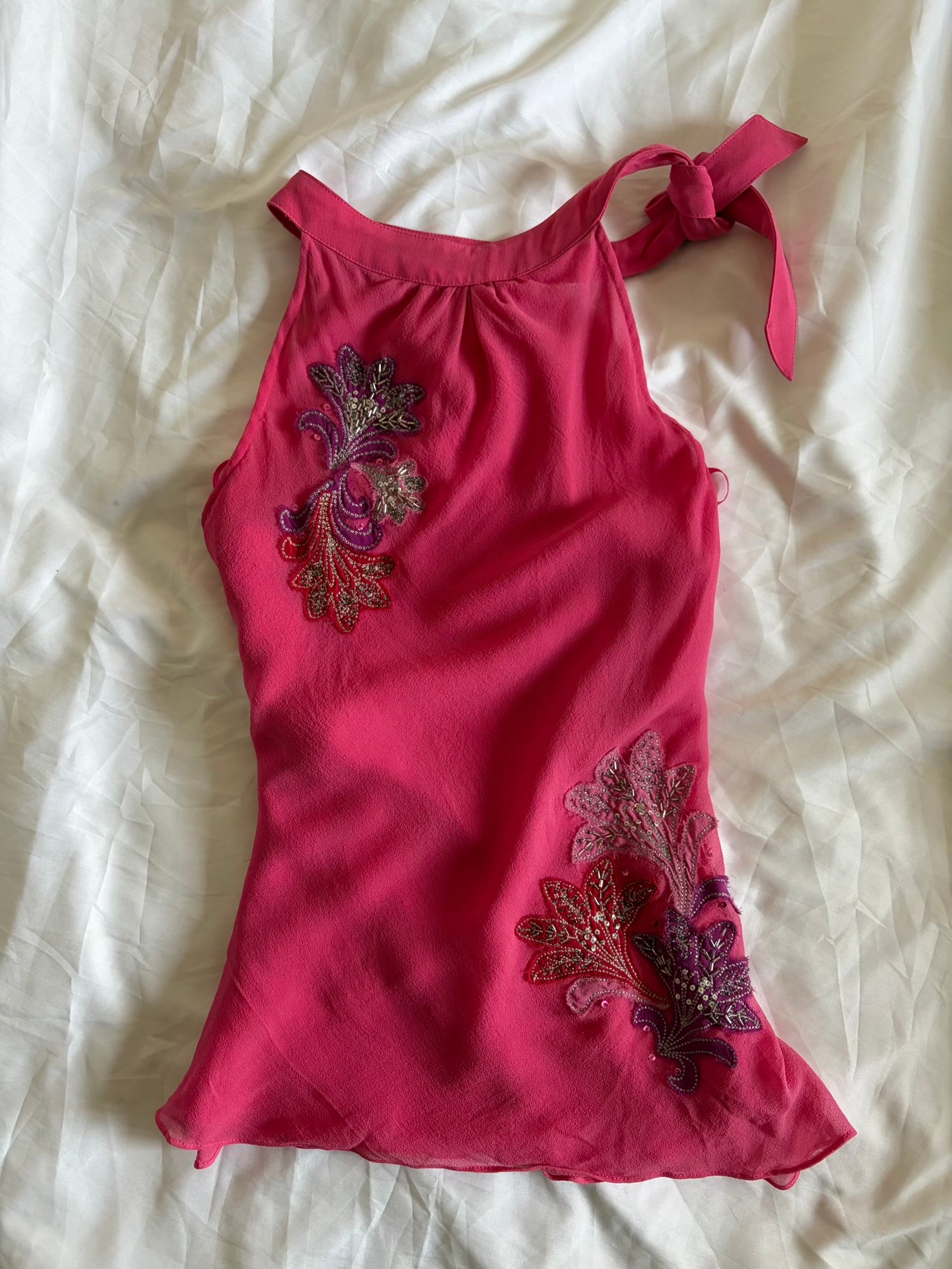 Vintage Y2K Silk Pink Halterneck with Floral Embroidery, Sequins and Beads