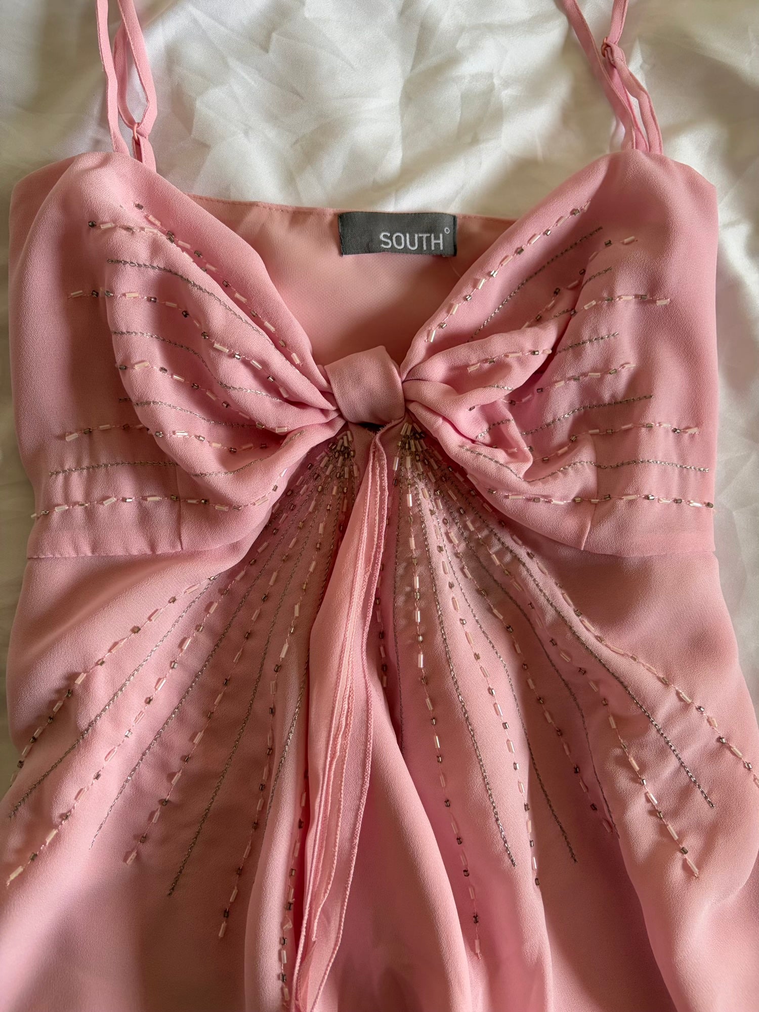 Vintage Y2K Baby Pink Silver Beaded Embellished Knot Bust Cami