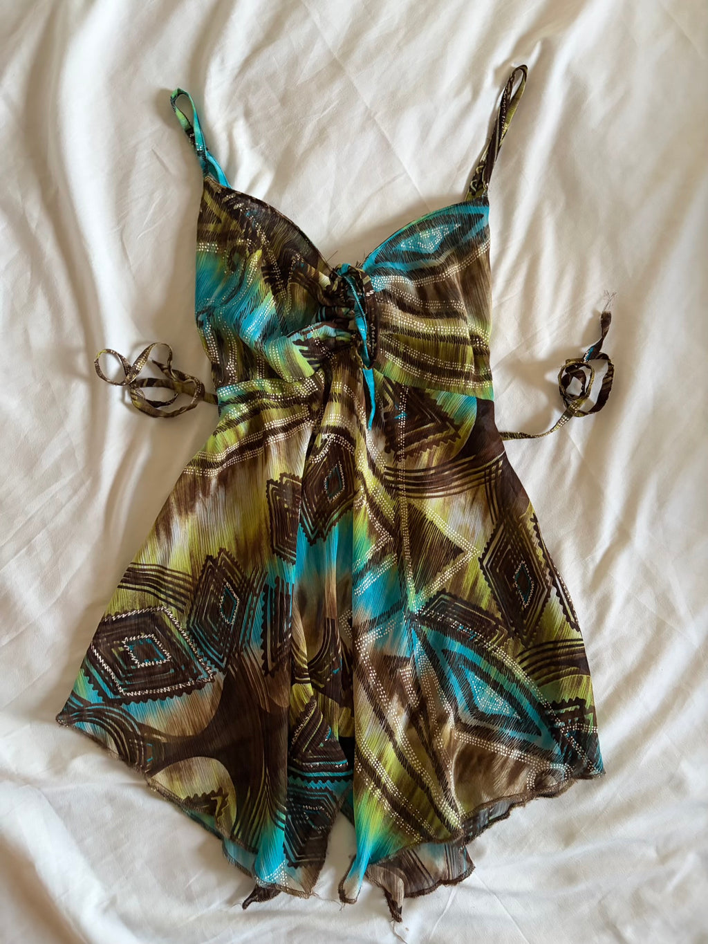 Vintage 1990s French Abstract Tie Back Babydoll Handkerchief Hem Cami