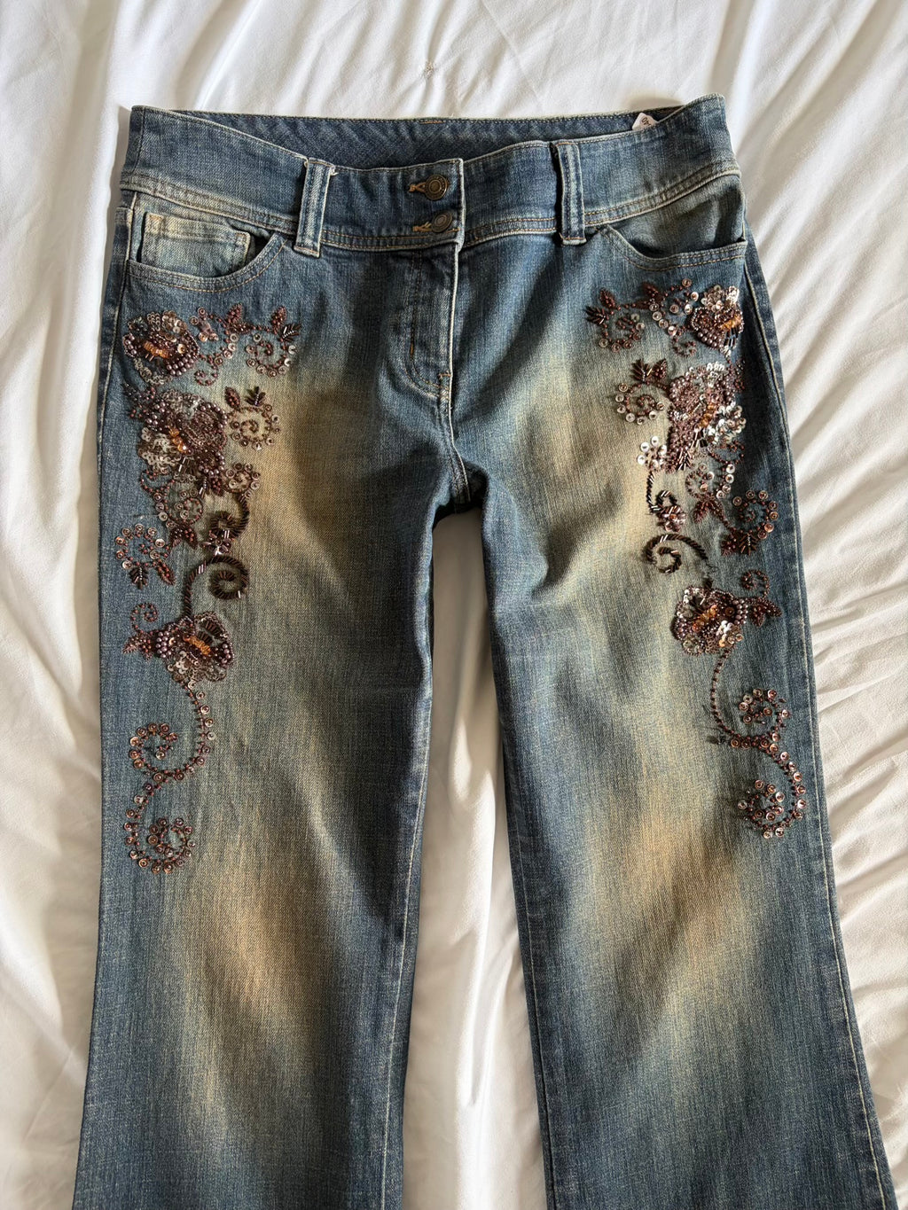 Vintage 2000s Mid Rise Bootcut Flared Jeans with Brown Embellishment and Beads