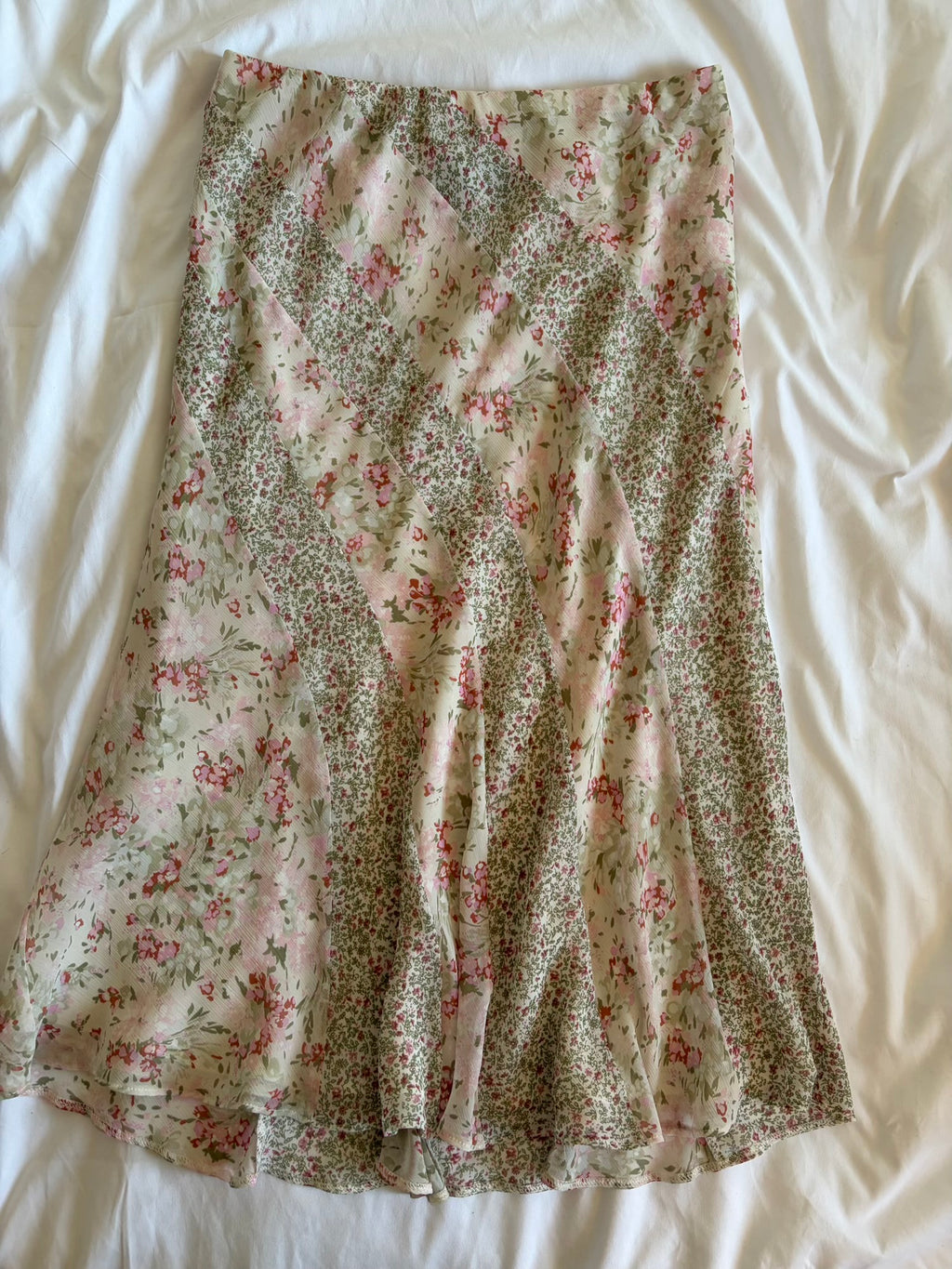 Vintage 1990s pink floral floaty midi skirt with contrast floral stripe detail