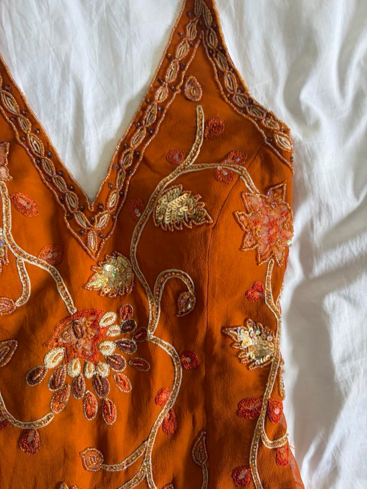 Vintage Y2K burnt orange silk beaded, bronze and gold sequin corset style halter - Size Large