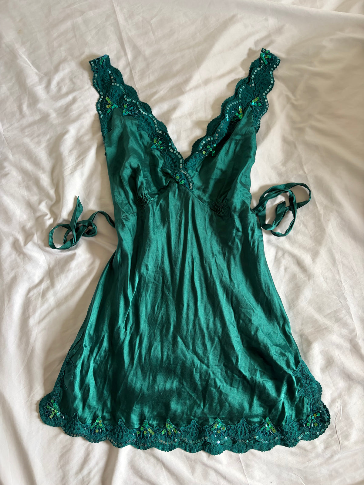 Vintage 1990s Oasis Silk Teal Beaded Mini Slip Dress