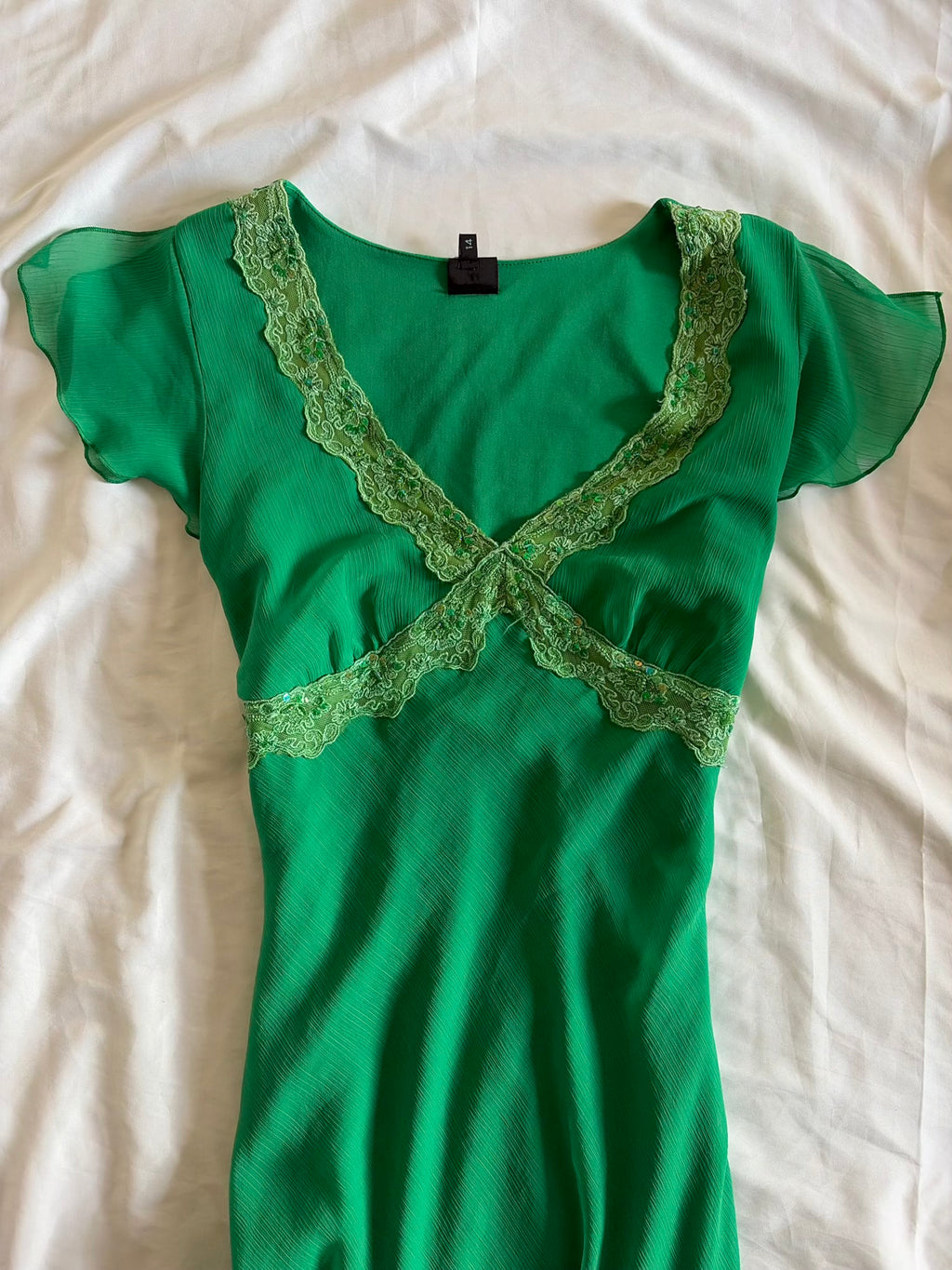 Vintage 1990s Green Handkerchief Hem Dress with Lace and Sequins