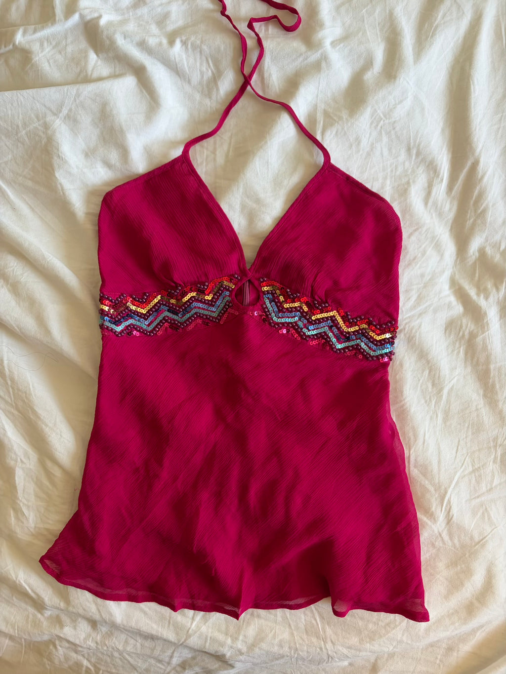 Vintage Y2K cerise silk halterneck cami with beaded and sequin detail with key hole