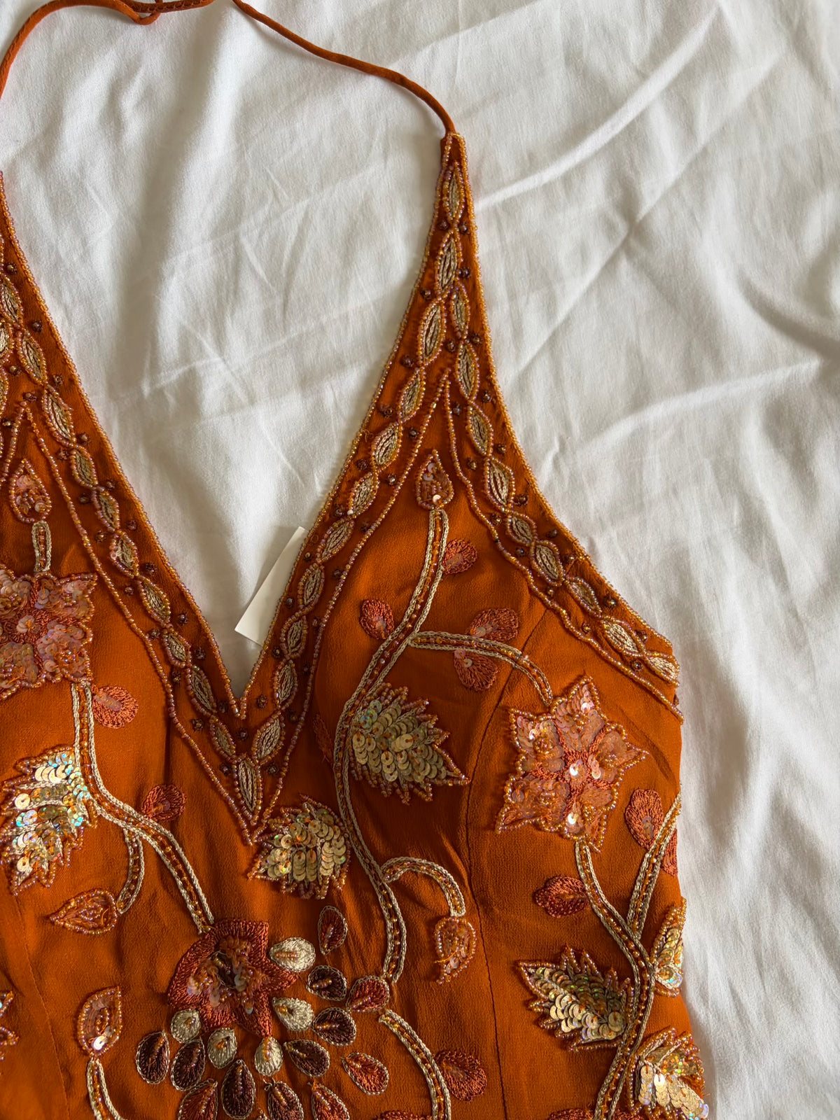 Vintage Y2K Burnt Orange Silk Beaded Corset Style Halter - Size Extra Small