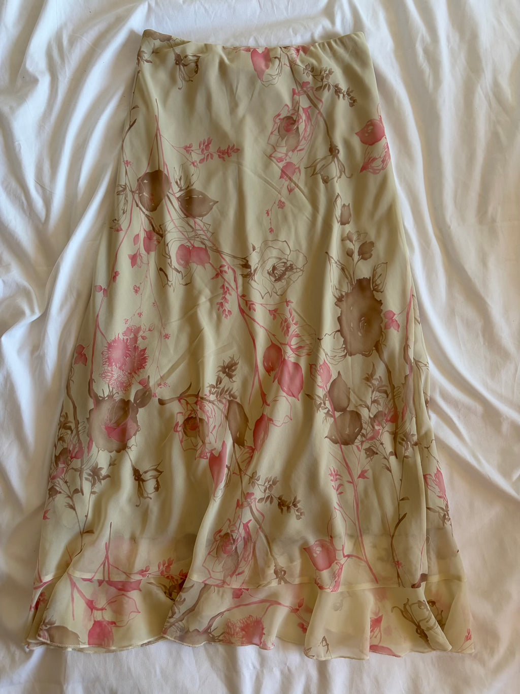 Vintage Y2K double ruffle hem midi skirt with pastel pink floral detail