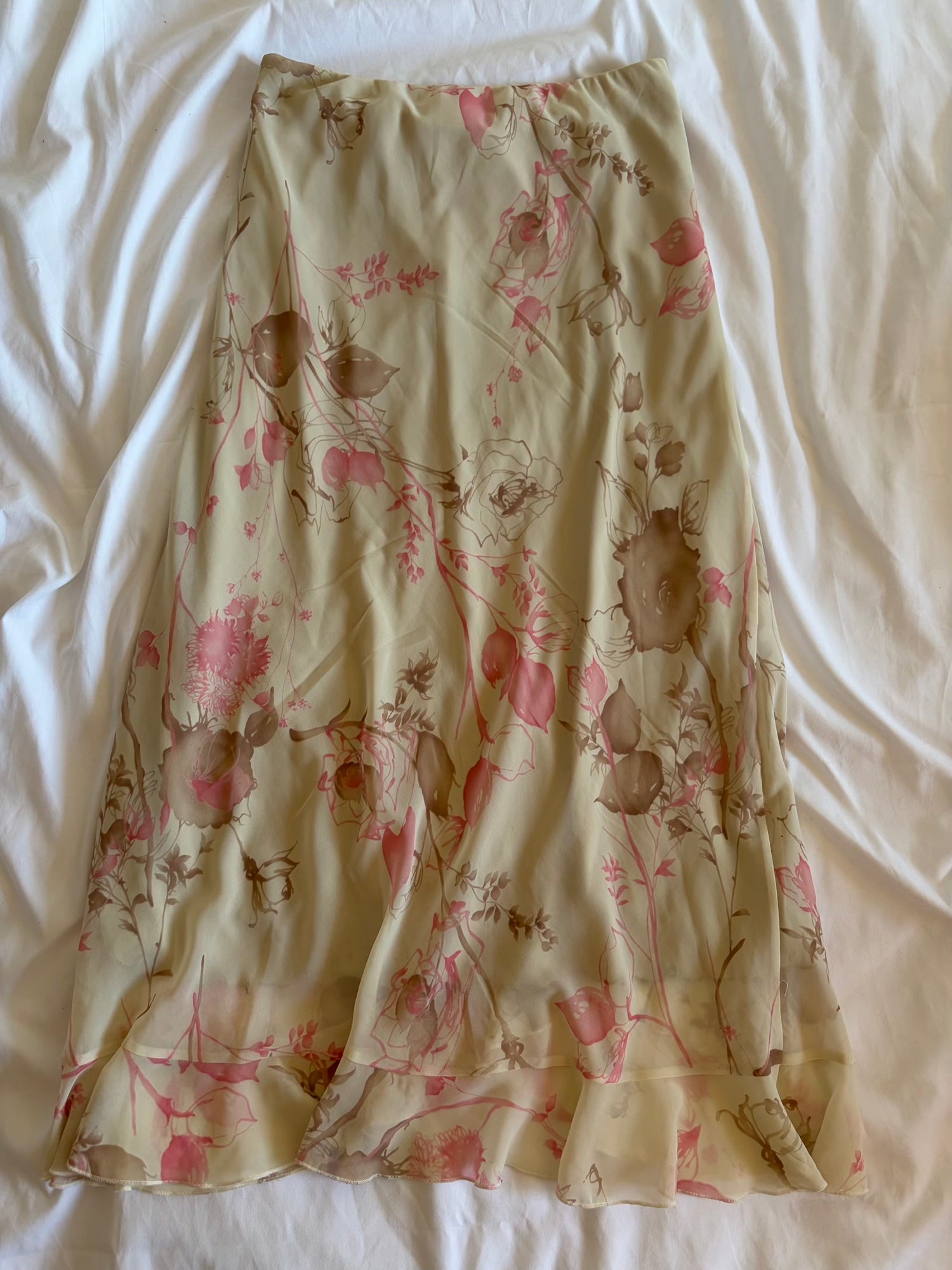 Vintage Y2K double ruffle hem midi skirt with pastel pink floral detail