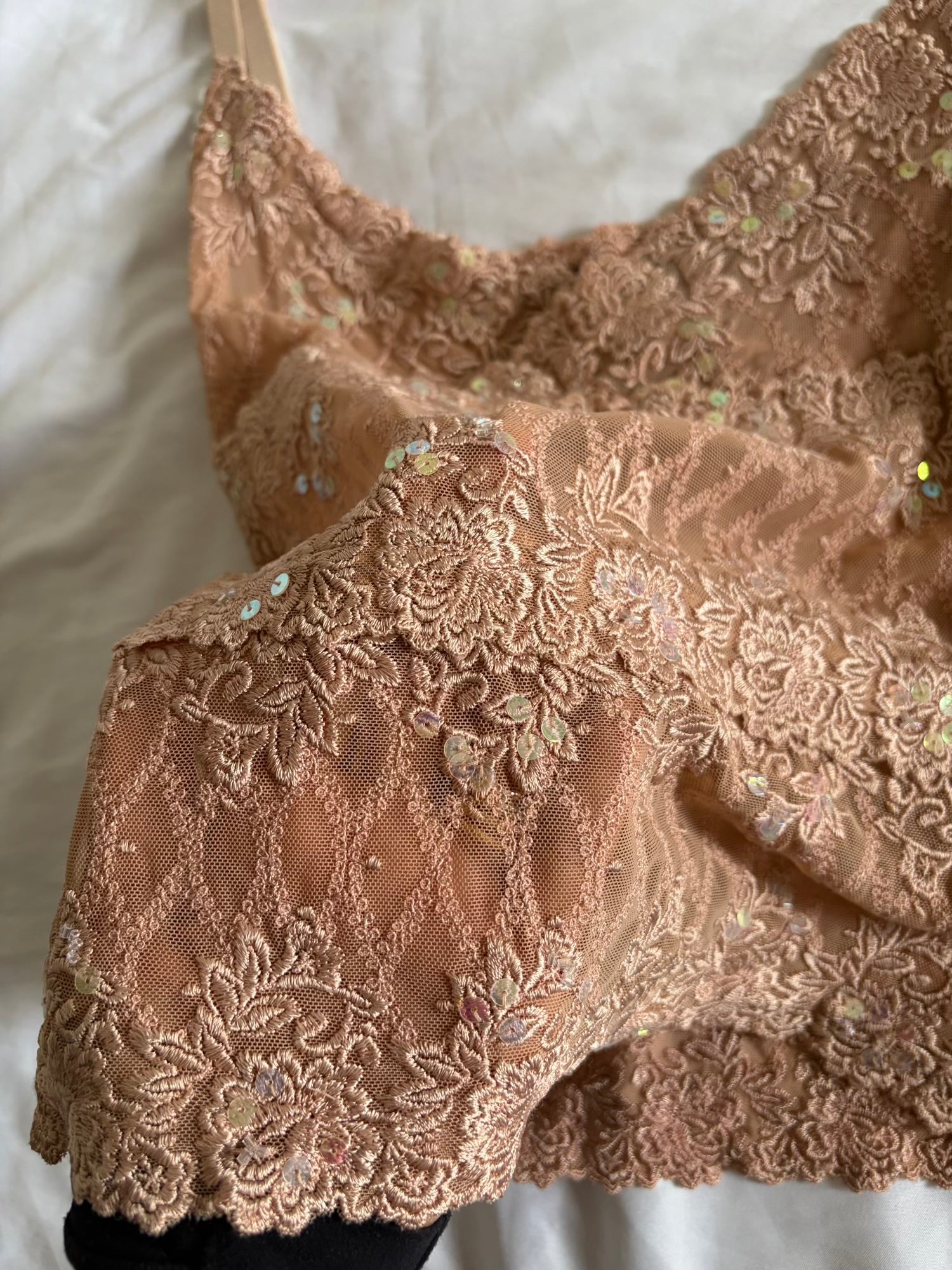 Vintage Y2K Dusty Rose Lace Cami with Iridescent Sequins