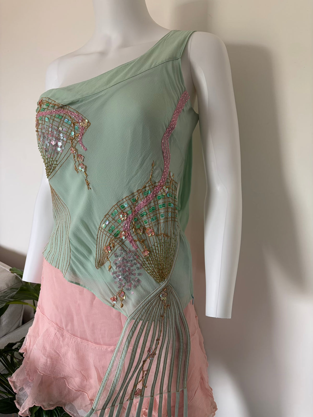 Rare 2004 Karen Millen Silk Turquoise Blouse with Fan Beadwork and Draped Fringe