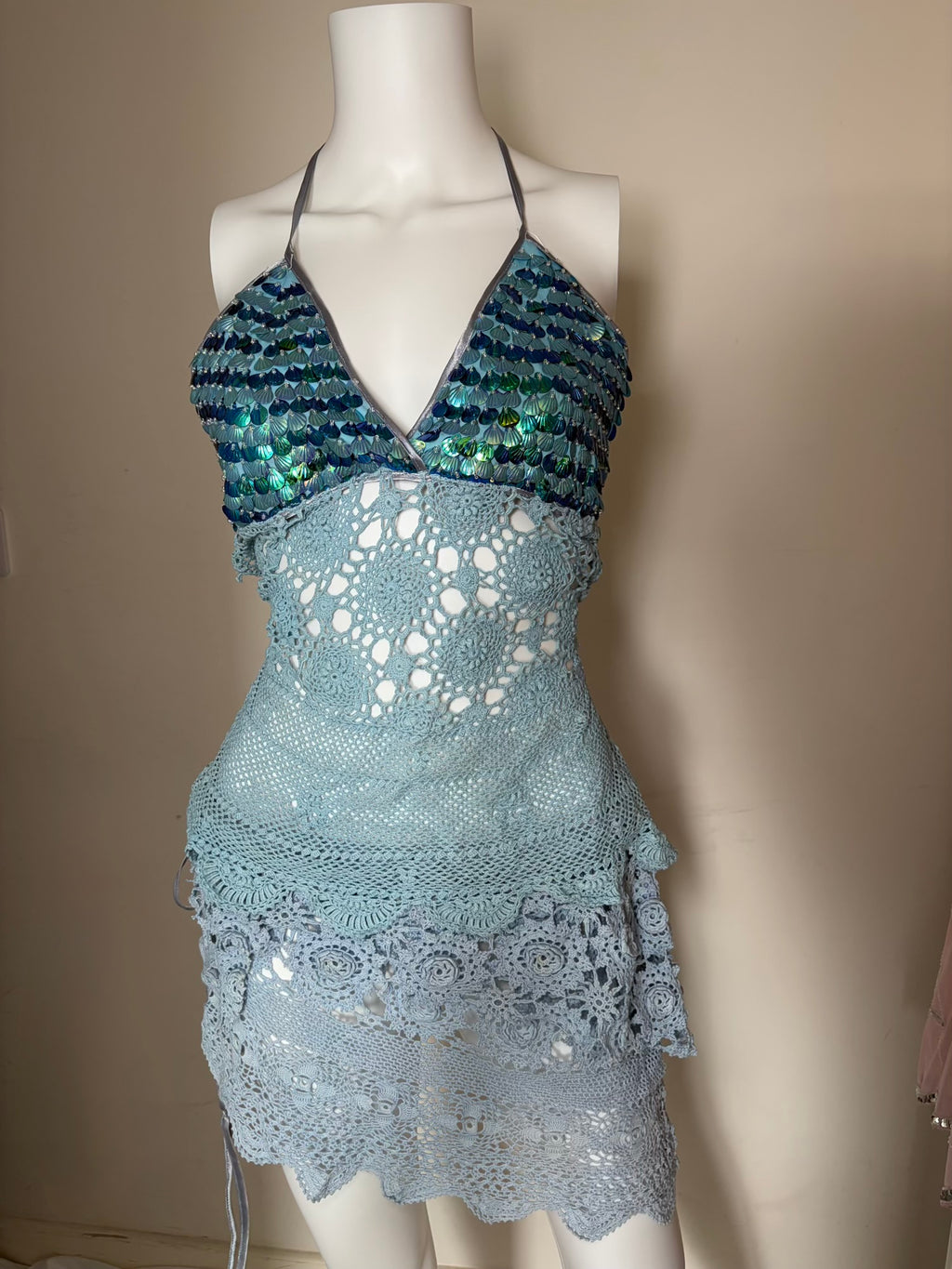 Handmade Turquoise Crochet Backless Halter and Mini Skirt Set
