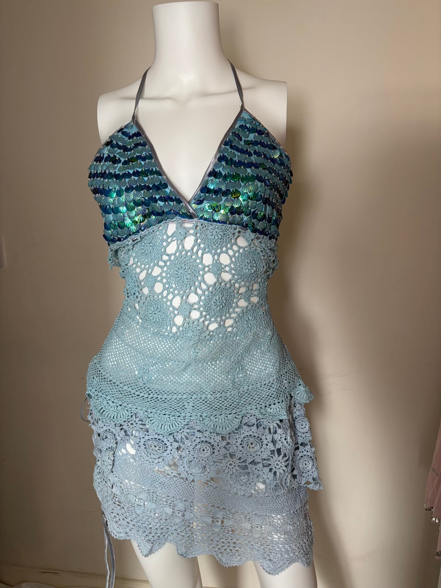 Handmade Turquoise Crochet Backless Halter and Mini Skirt Set