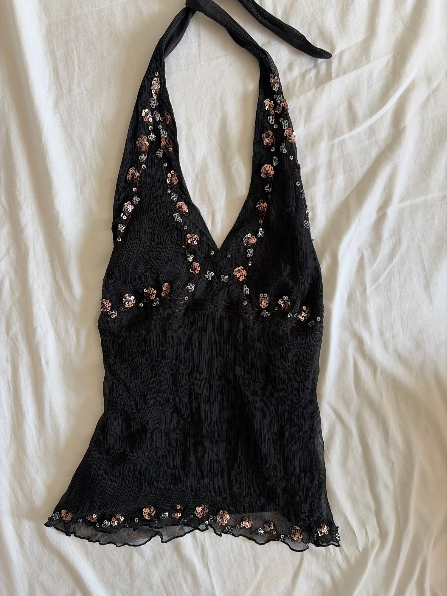 Vintage 1990s Black Floaty Silk Halterneck with Sequins and Beads