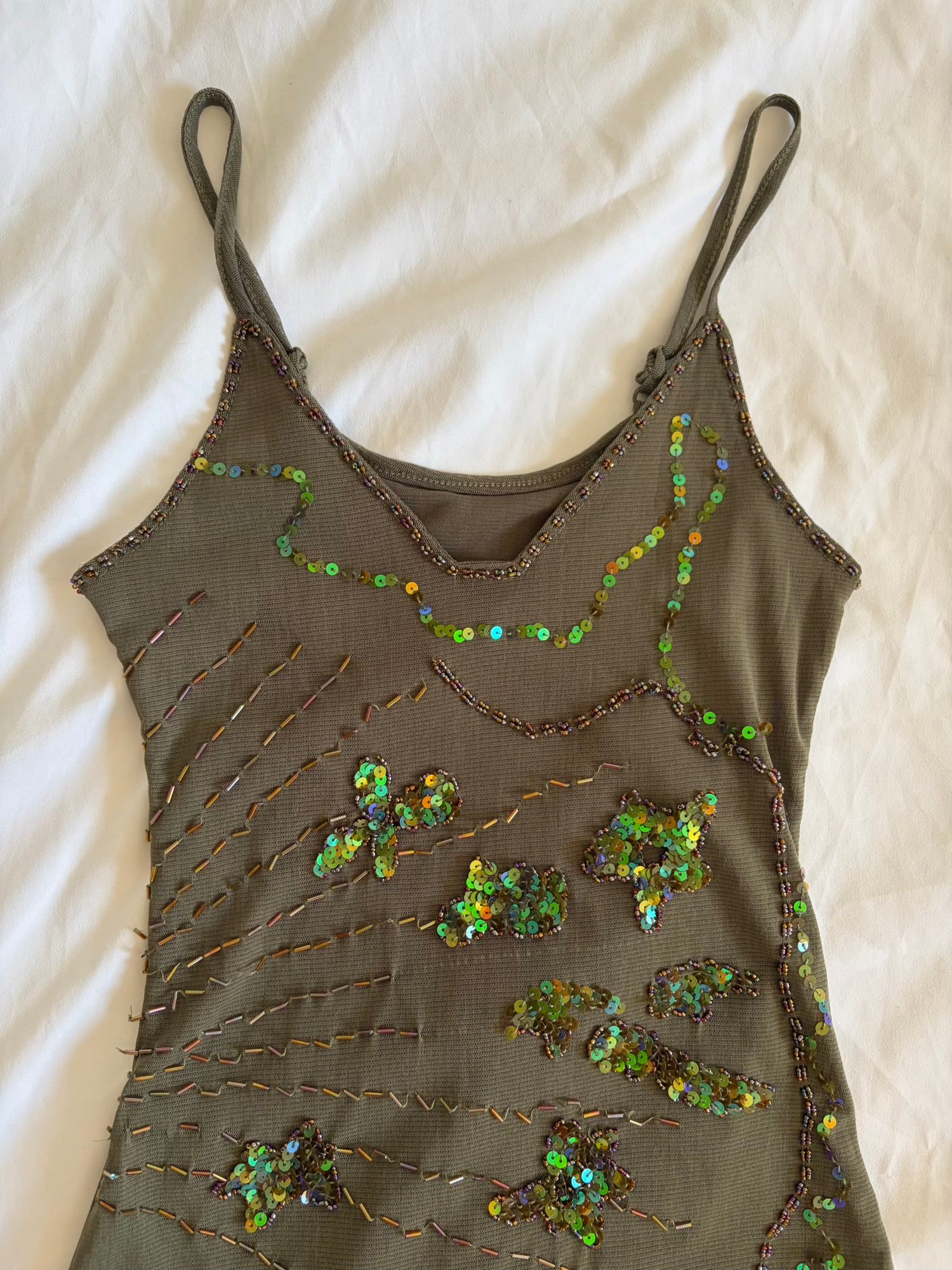 Vintage Y2K dark forest green sequin and beaded handkerchief hem cami