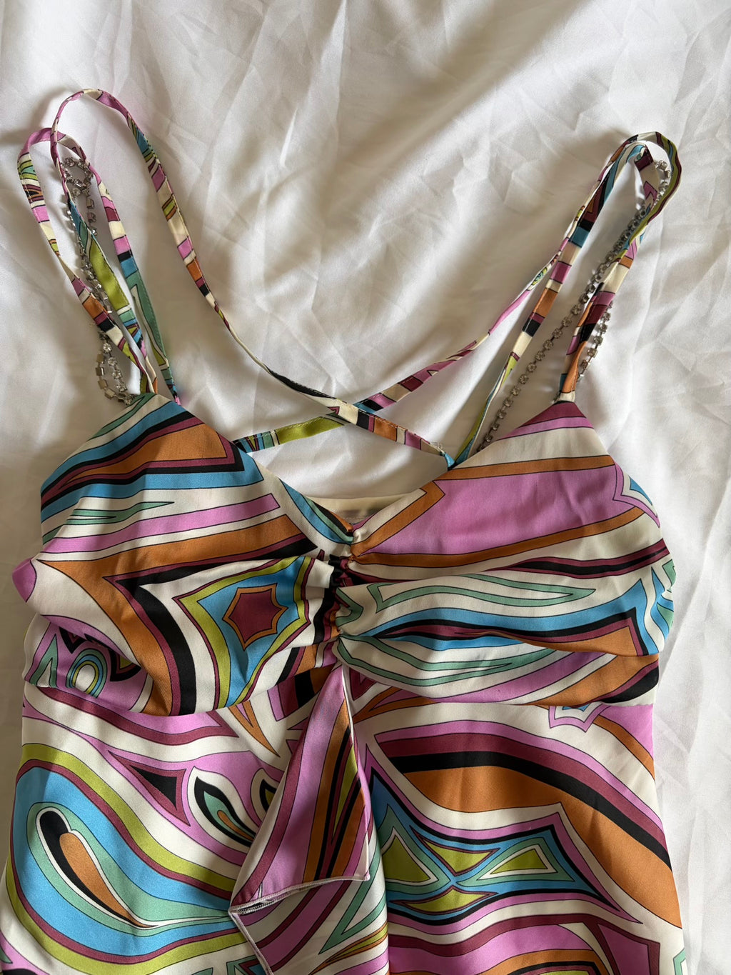 Vintage Y2K Japanese Pucci Inspired Asymmetrical Hem Cami with Diamonte Straps