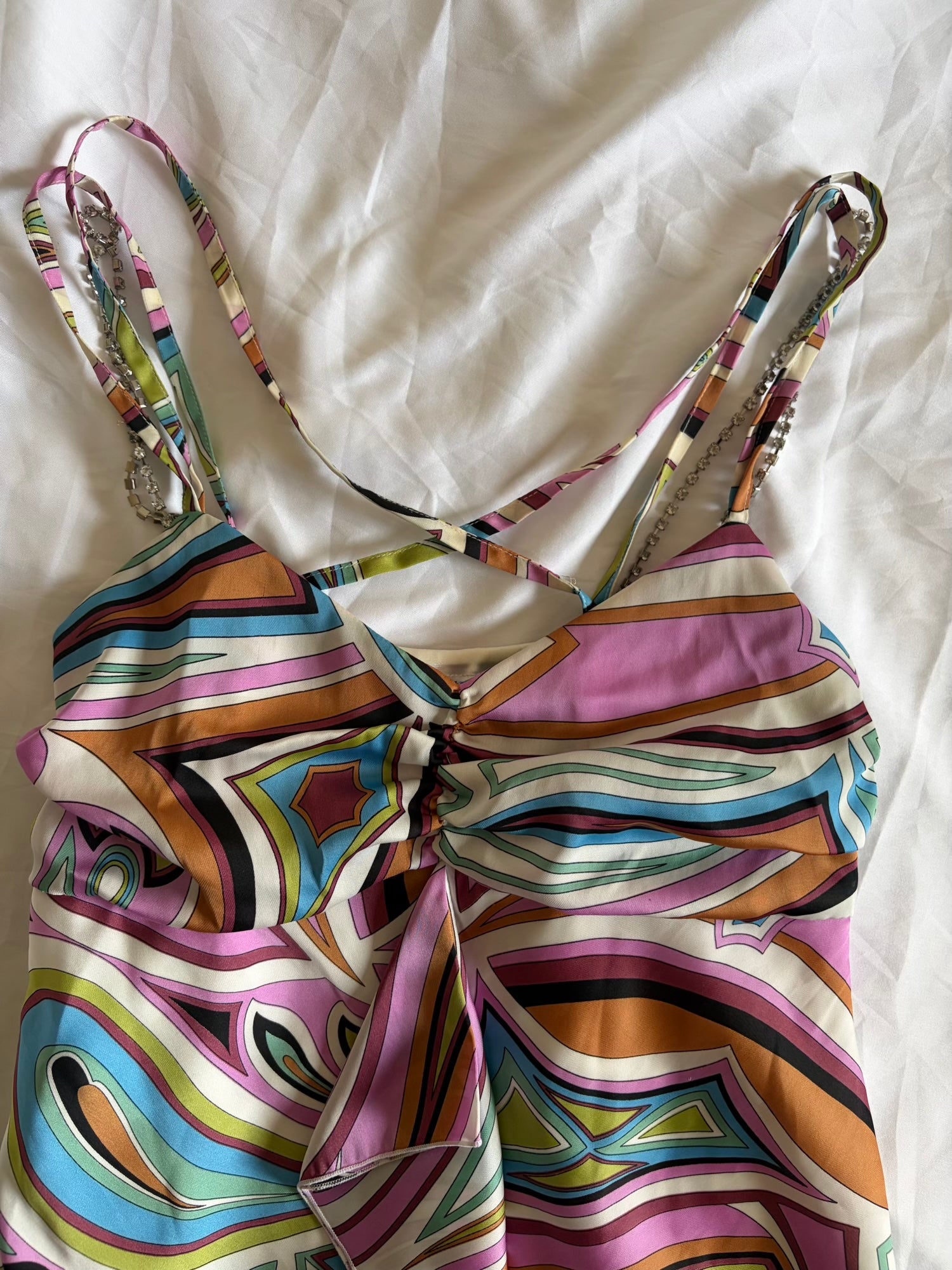Vintage Y2K Japanese Pucci Inspired Asymmetrical Hem Cami with Diamonte Straps