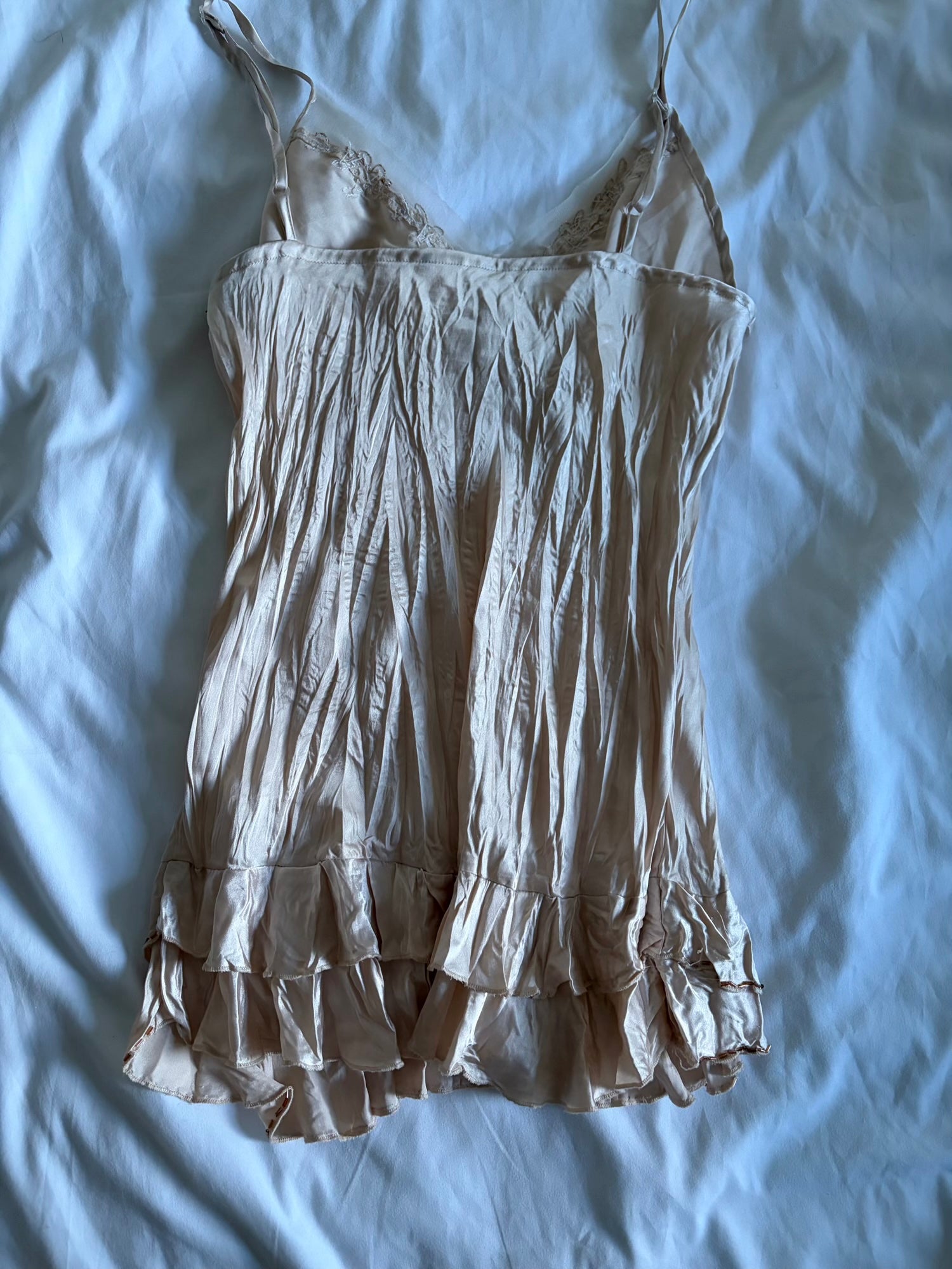 Vintage Y2K blush ruffle hem cami with bronze beaded detail and sequins