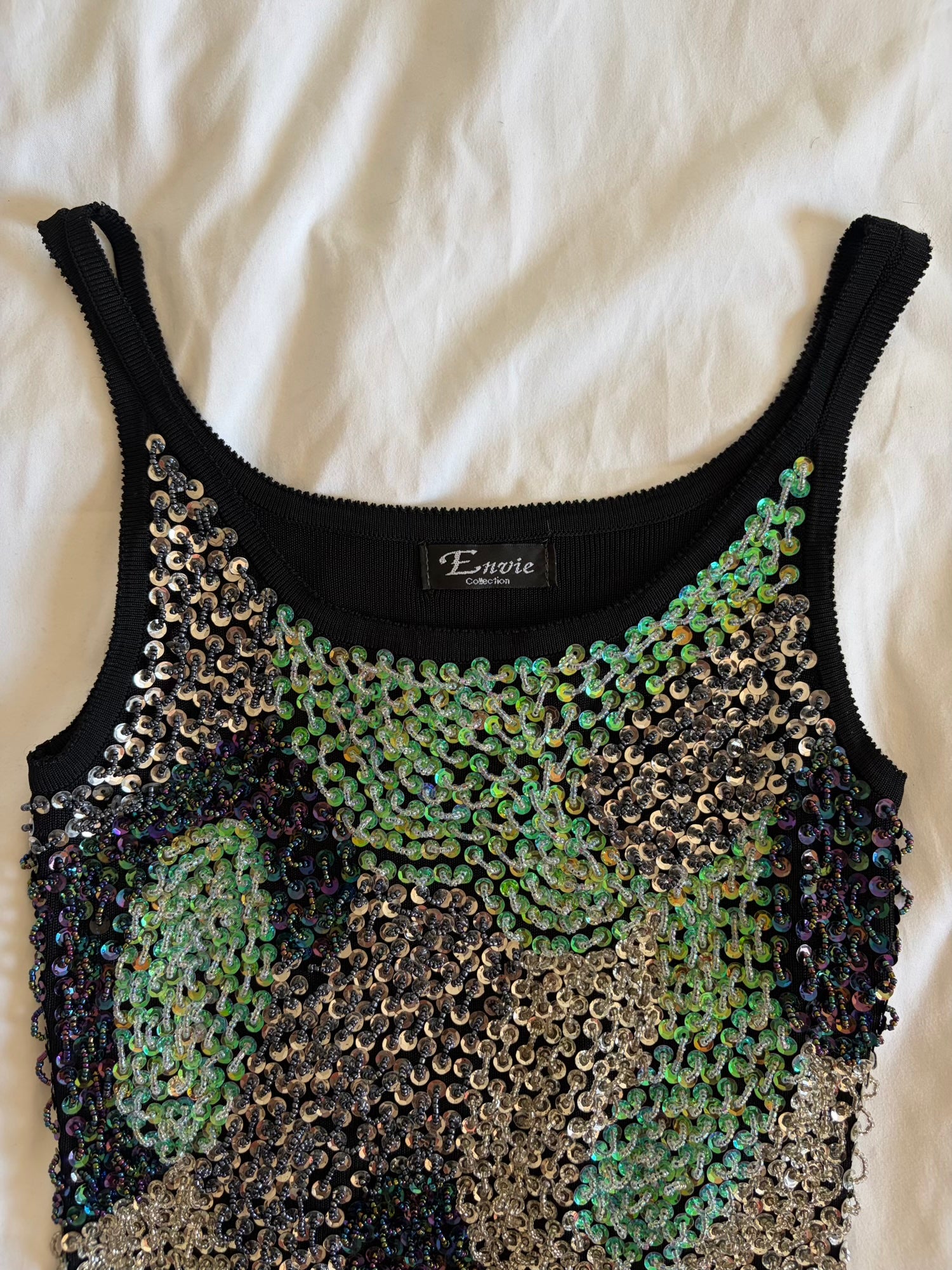 Vintage Y2K heavily embellished tank with contrast seafoam green sequin and beads