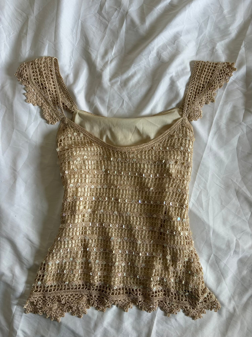 Vintage Y2K Champagne Crochet Top with Sequins and Romantic Sleeves