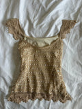 Vintage Y2K Champagne Crochet Top with Sequins and Romantic Sleeves