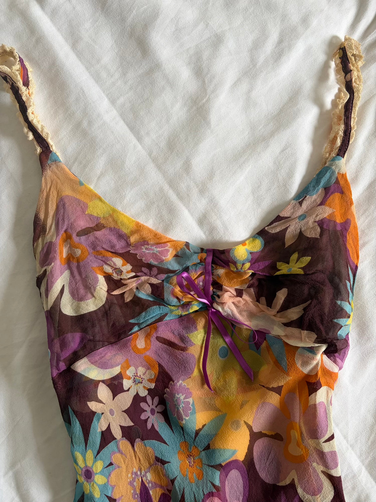 Vintage 1990s Italian Silk Floral Cami with Crochet Detail