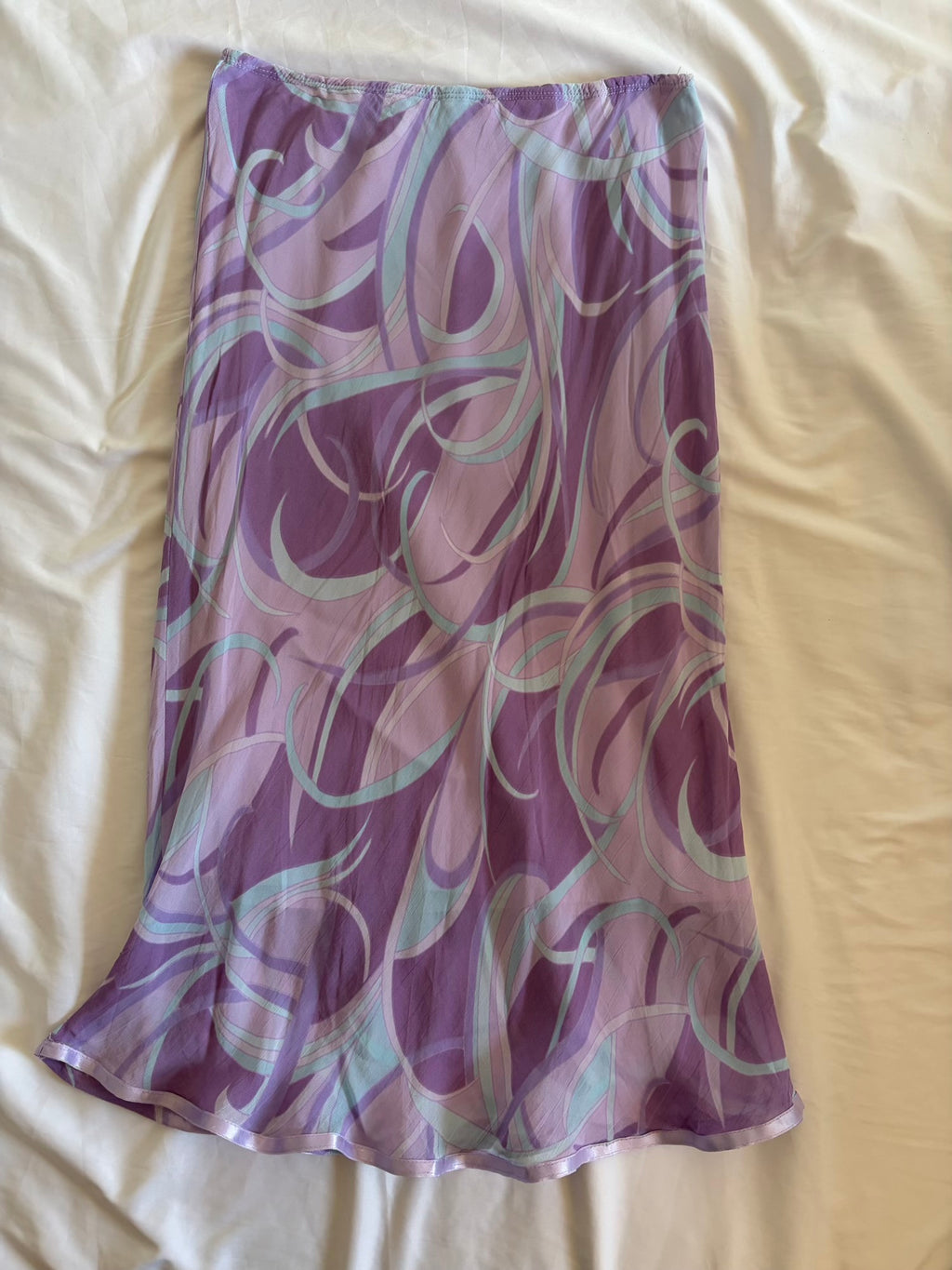 Vintage Y2K Lilac and Pastel Blue Swirl Midi Skirt with Ribbon Hem