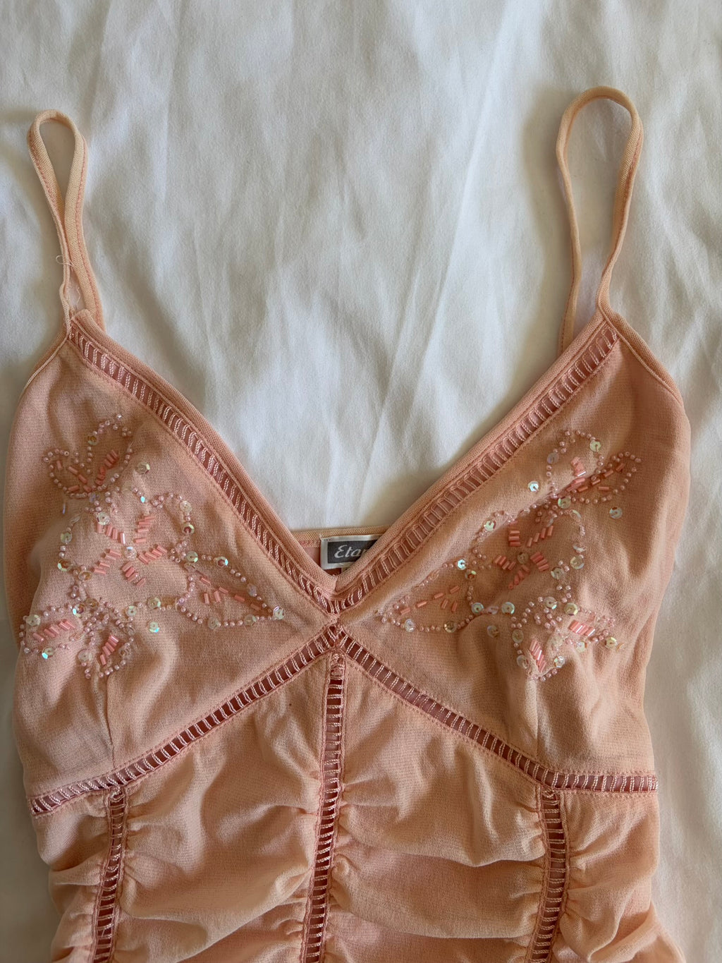 Vintage Y2K baby pink ruched cami with beaded and sequin detail on bust