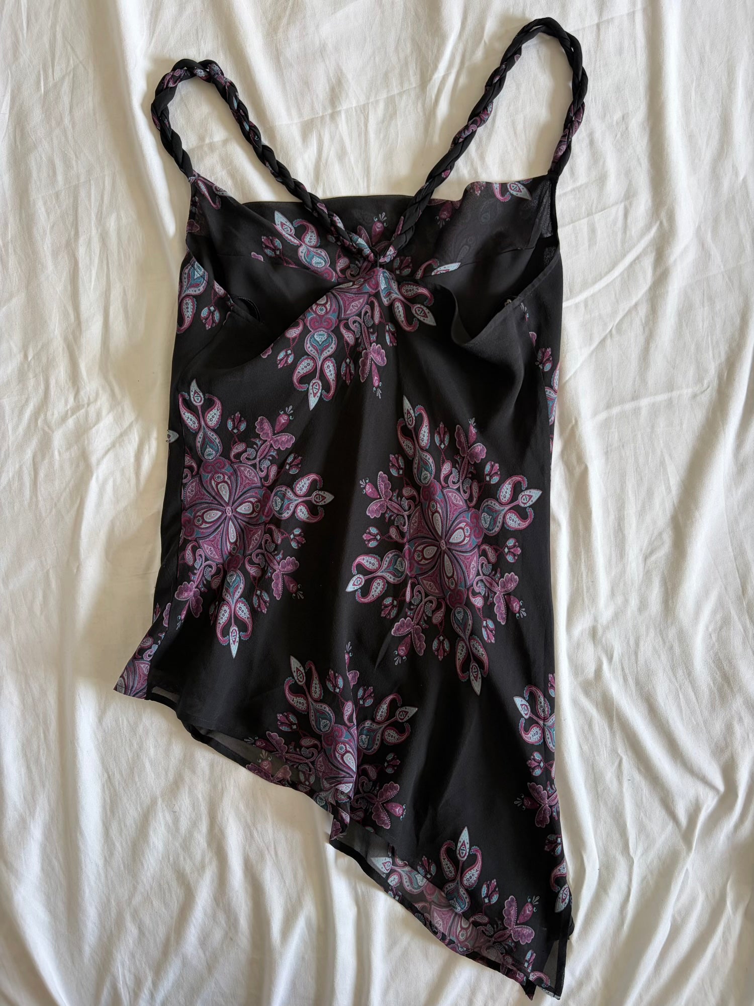 Vintage 1990s Gharani Strok Silk Whimsy Asymmetrical Hem Top with Braided Straps and Beads