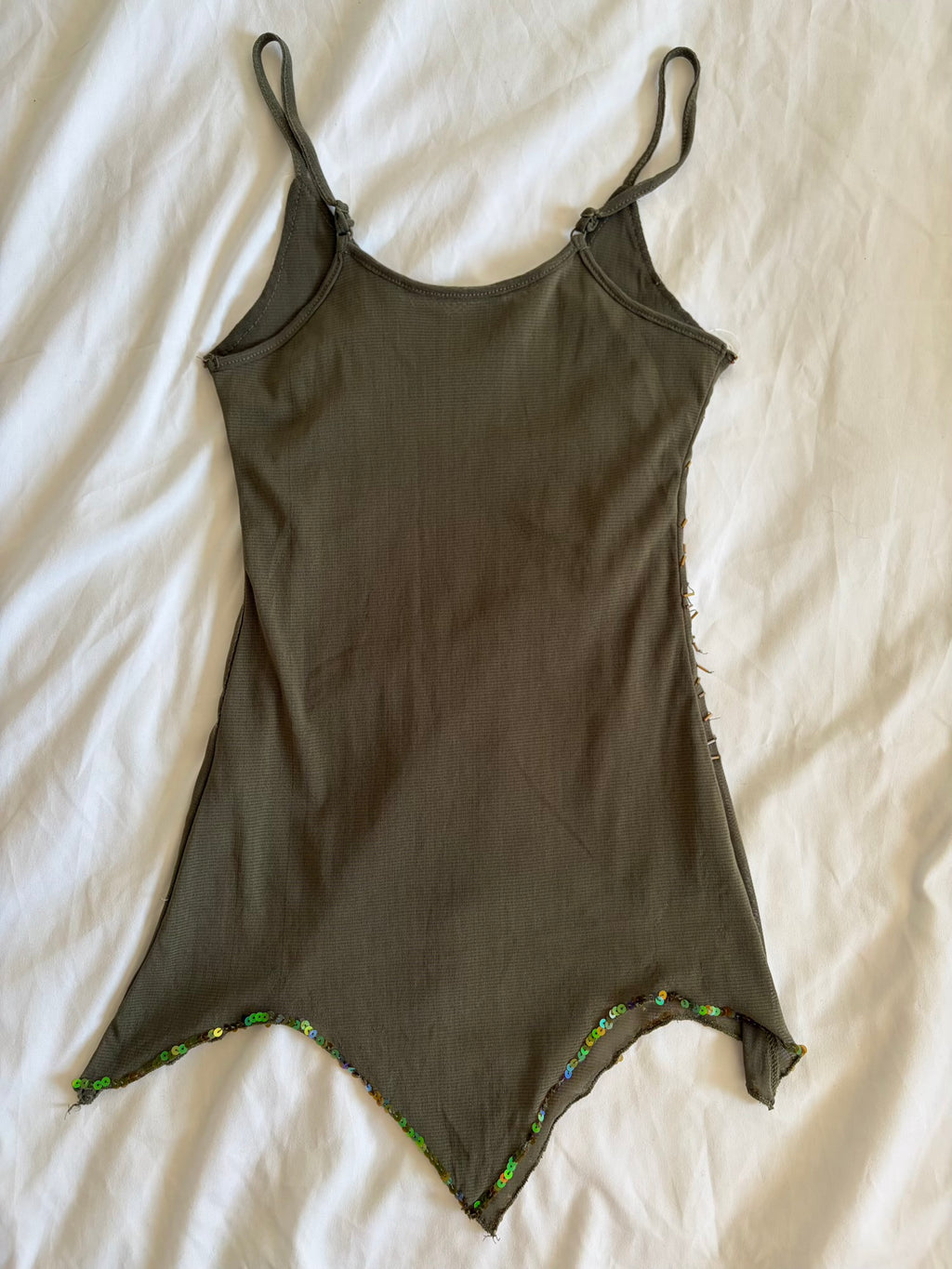 Vintage Y2K dark forest green sequin and beaded handkerchief hem cami