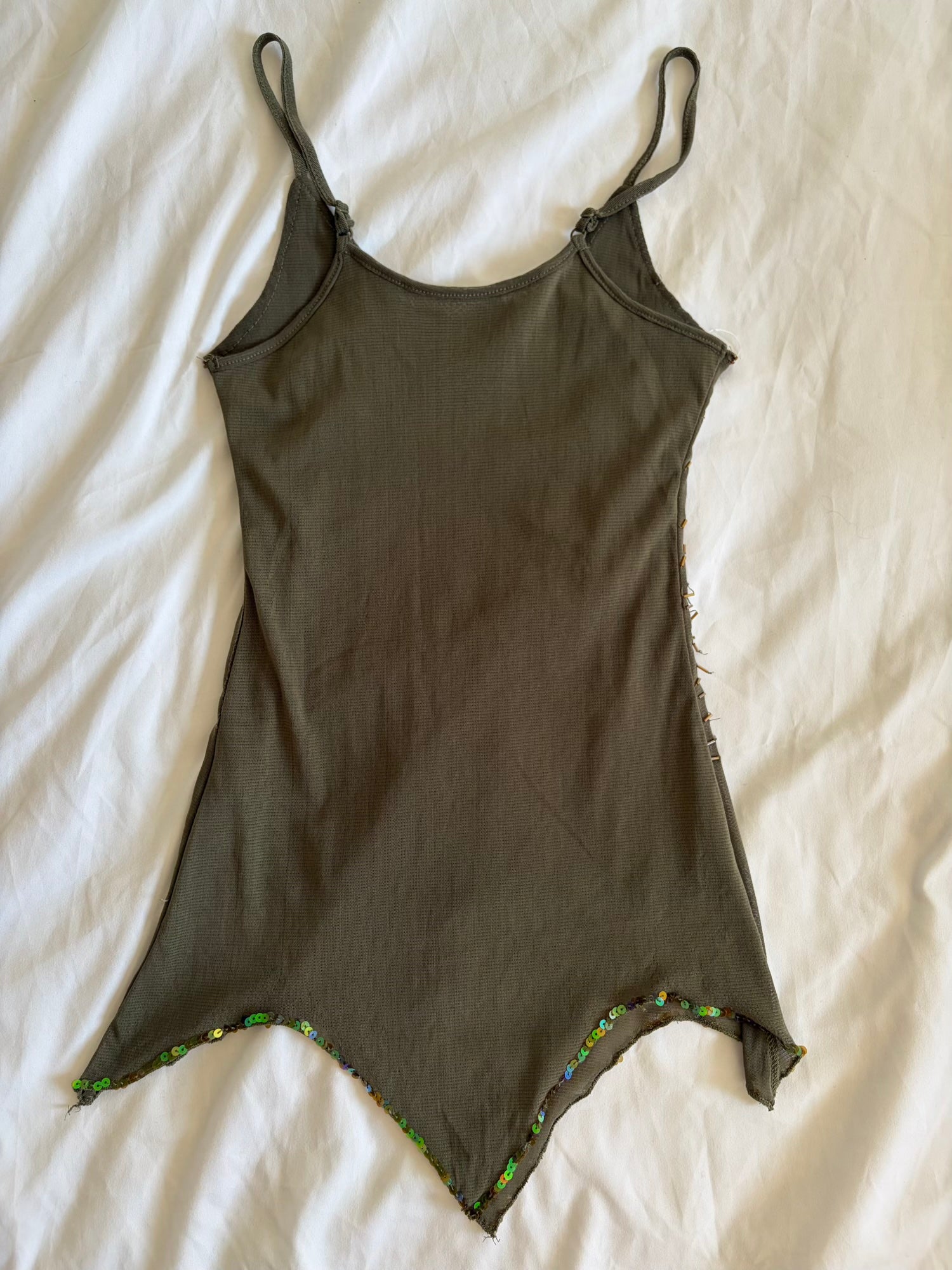 Vintage Y2K dark forest green sequin and beaded handkerchief hem cami