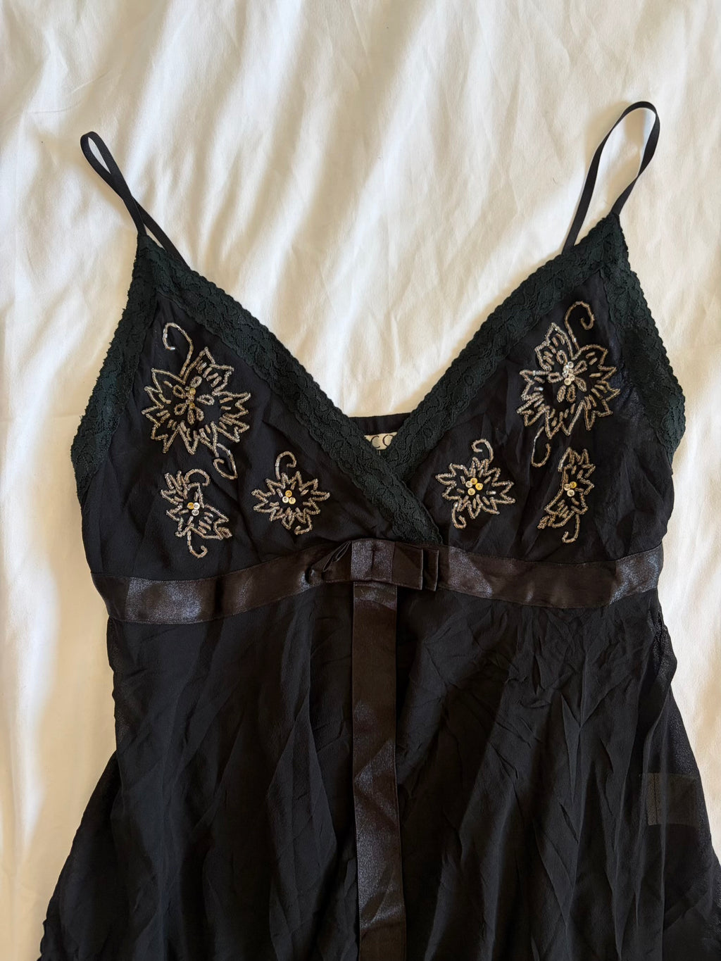 Vintage Y2K Japanese black silk handkerchief hem beaded and sequin cami