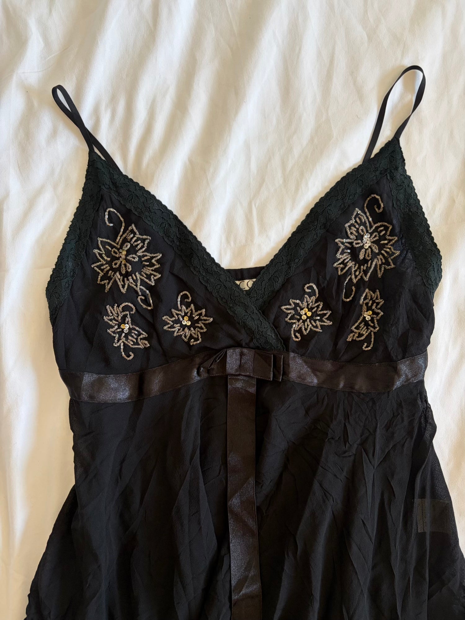 Vintage Y2K Japanese black silk handkerchief hem beaded and sequin cami