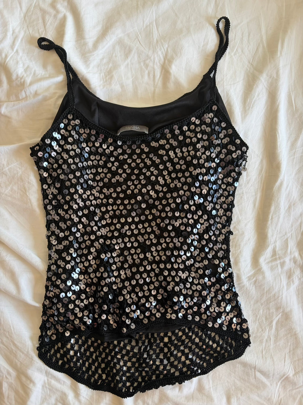 Vintage Y2K black crochet cami with silver sequins and subtle asymmetrical hem