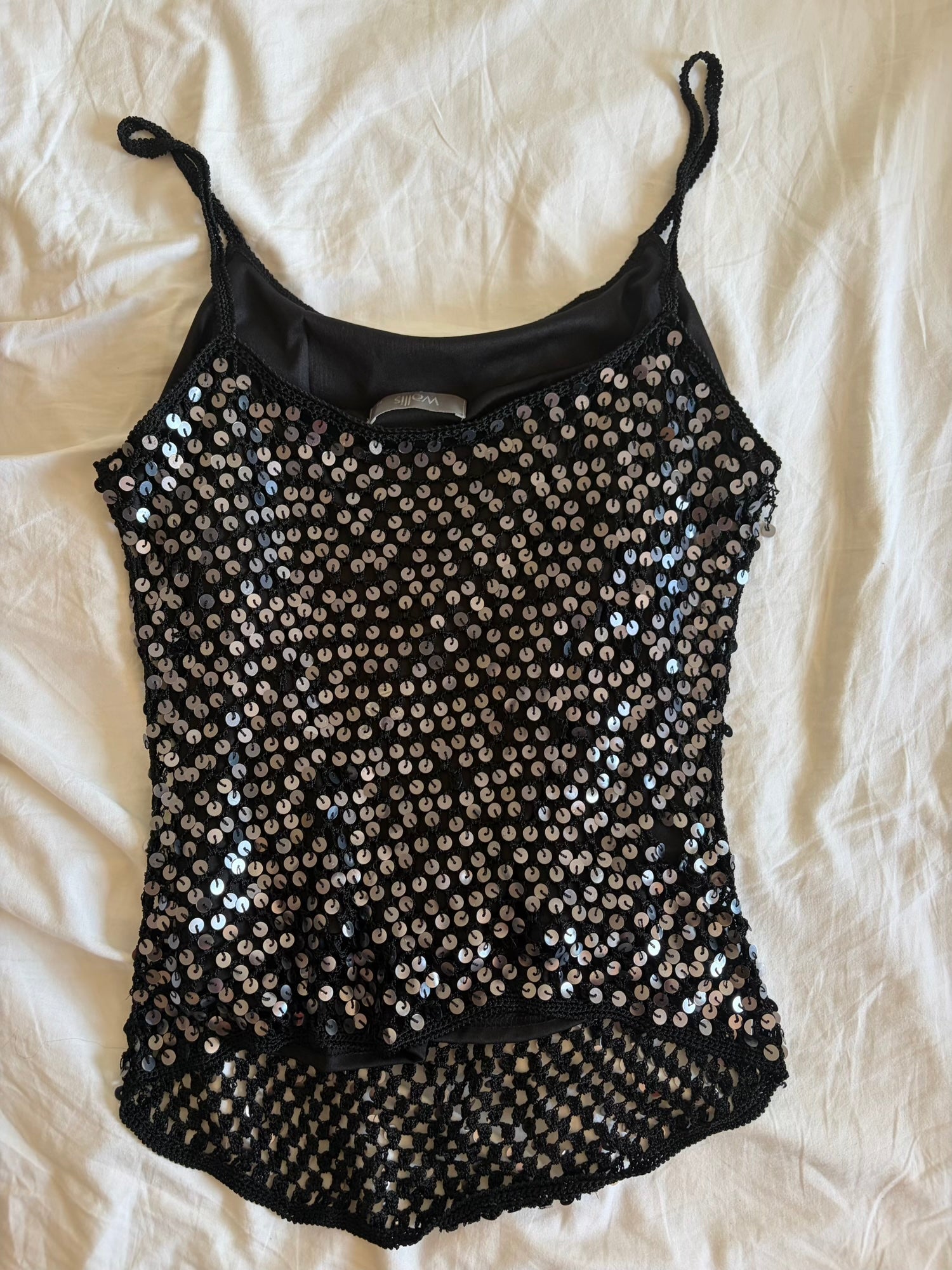 Vintage Y2K black crochet cami with silver sequins and subtle asymmetrical hem