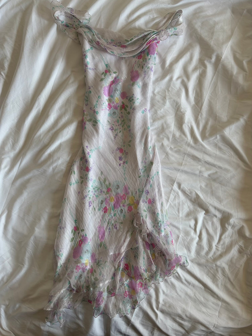 Vintage Y2K Rare Silk Asymmetrical Hem Midi Dress with Floral Detail and Sparkly Silver Detail