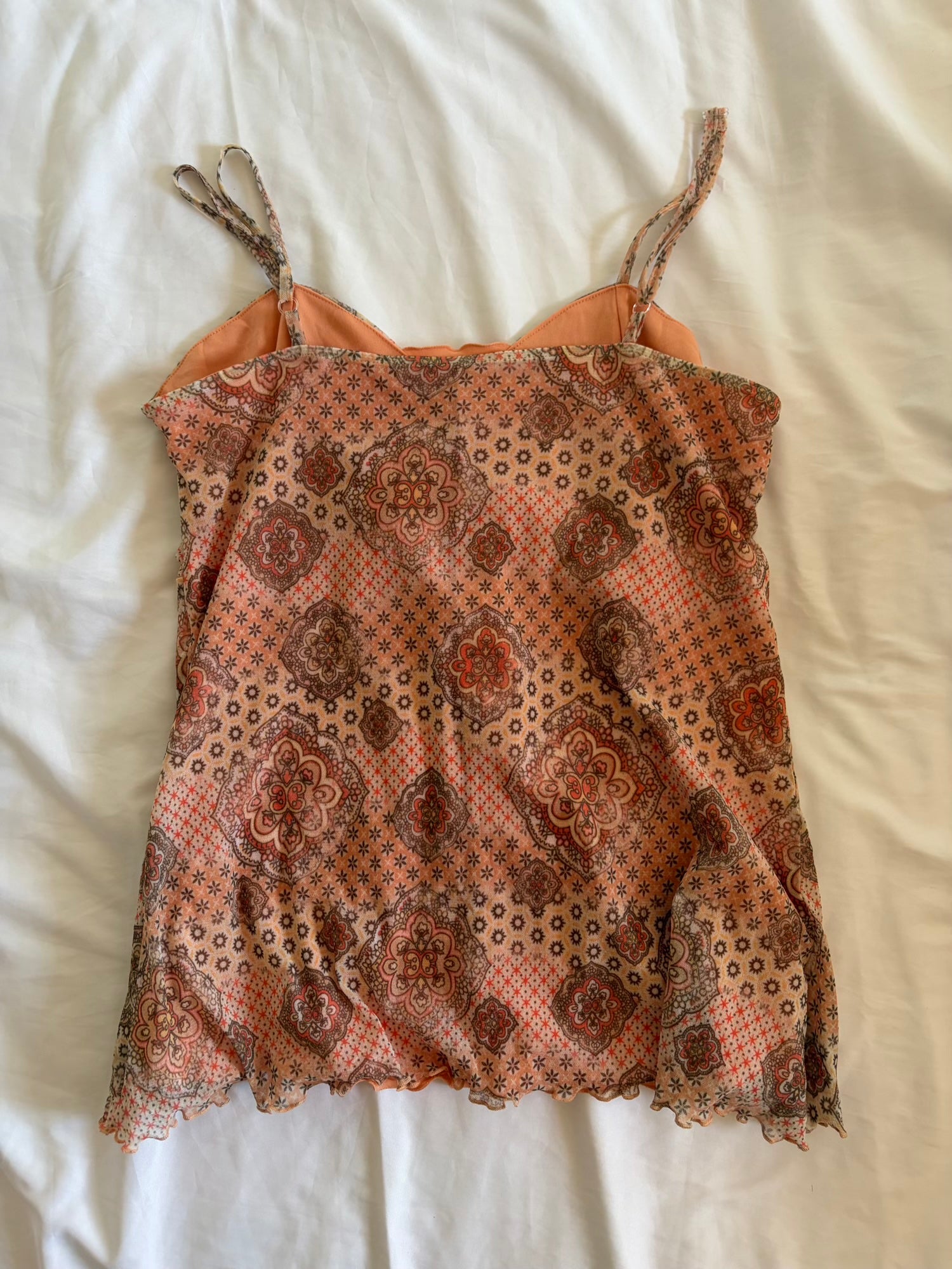 Vintage Y2K Orange Micromesh Paisley Boho Ruched Bust Cami