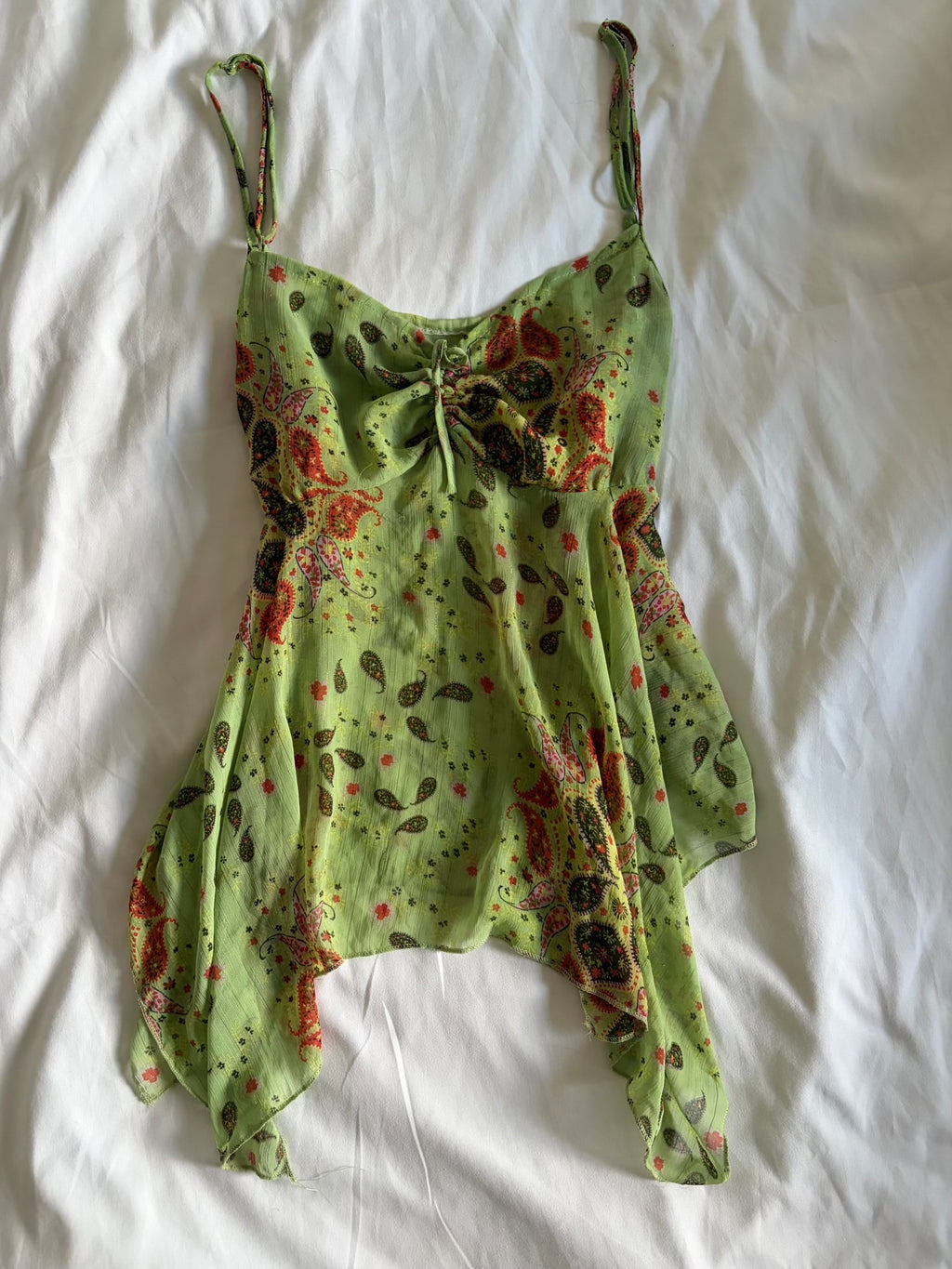 Vintage Y2K green paisley ruched bust cami with handkerchief hem and sparkles