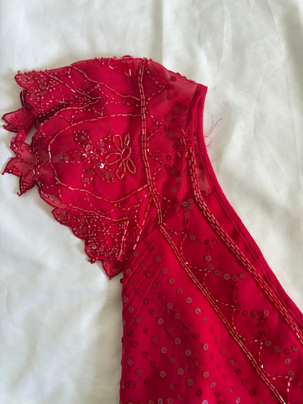 Vintage Y2K Silk Red Sequin and Beaded Cap Sleeve Top